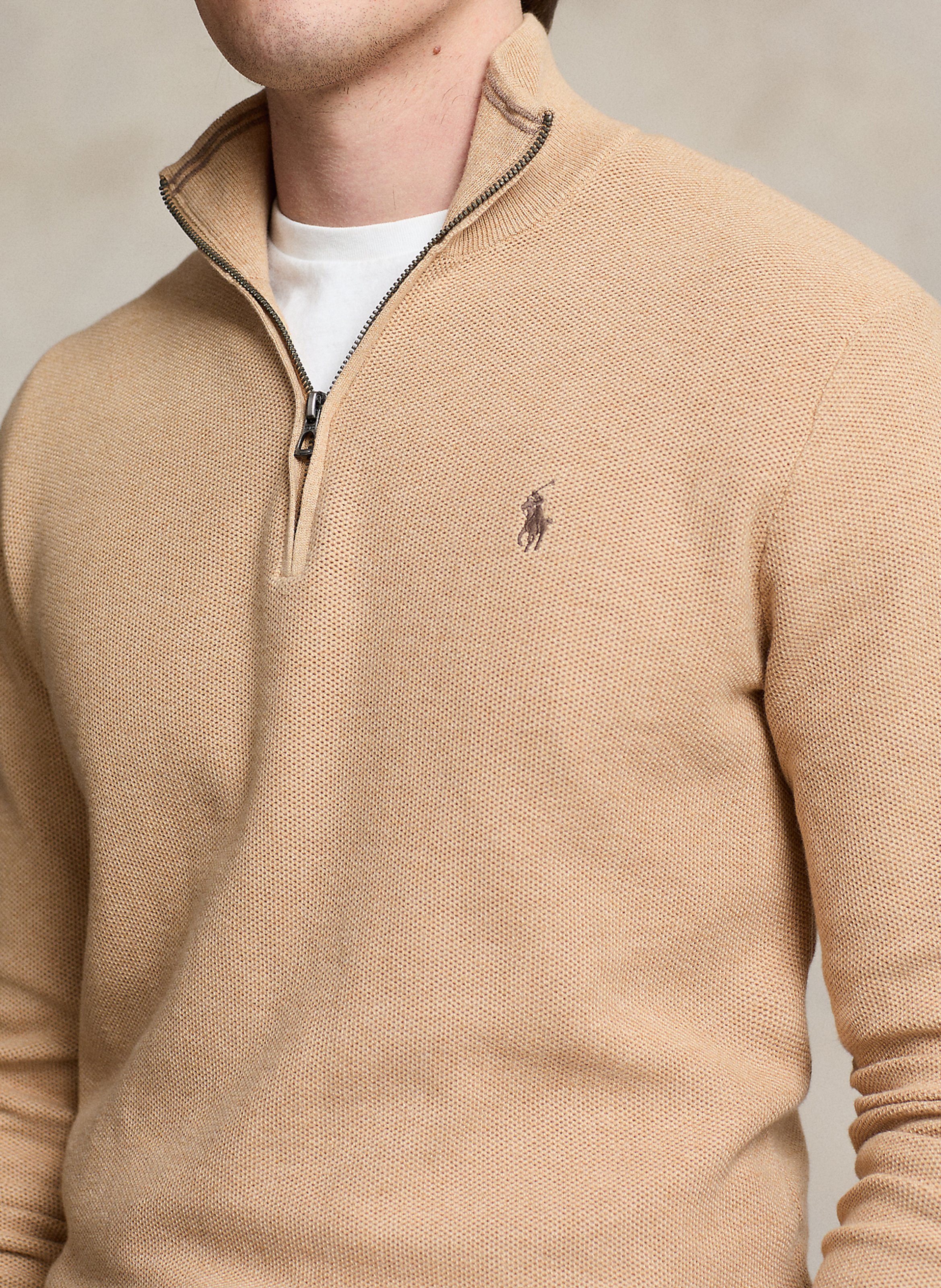 Cotton piqué high-neck zipped sweater Beige