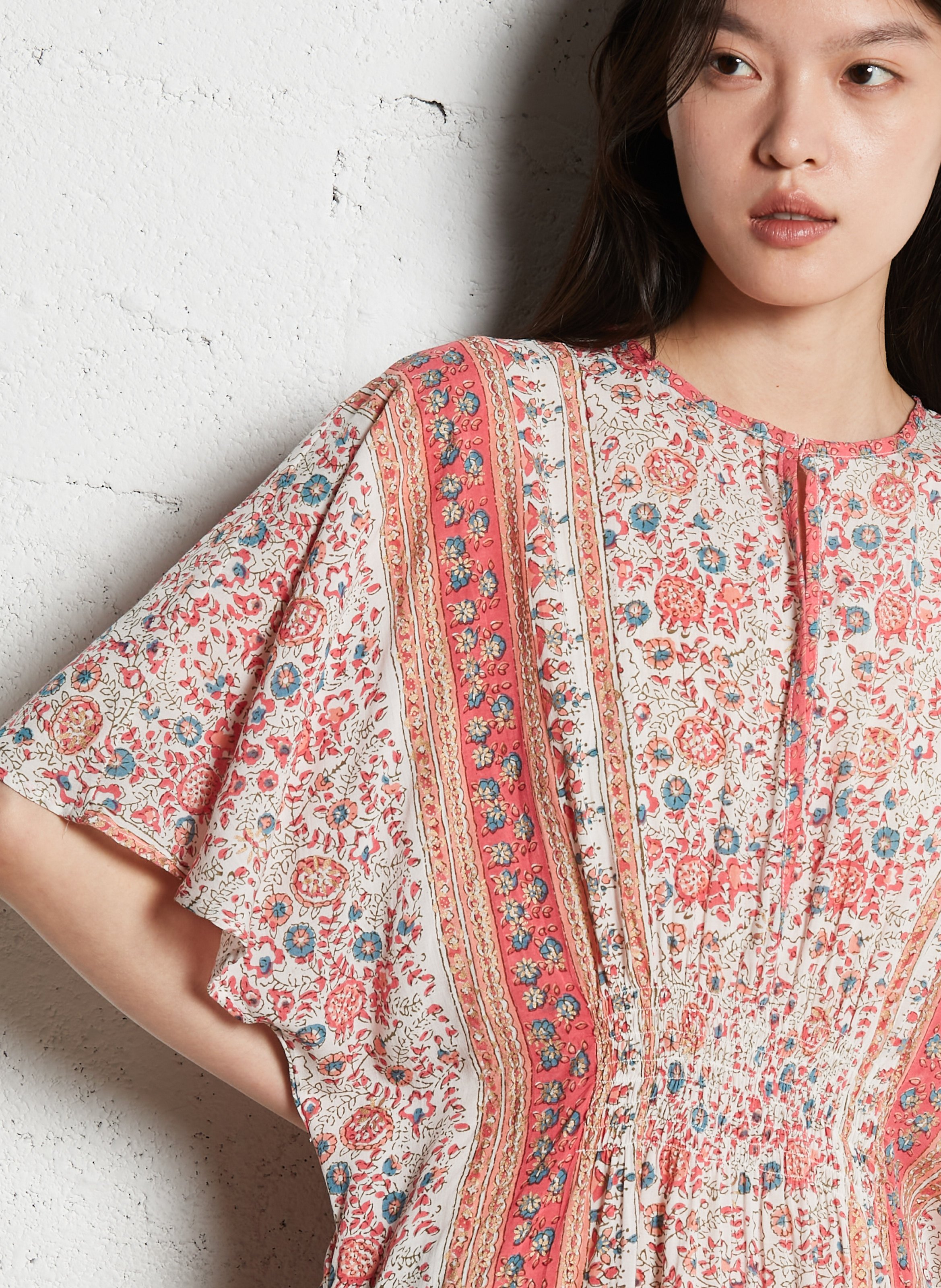 Robe midi col V en coton M.A.B.E Rose