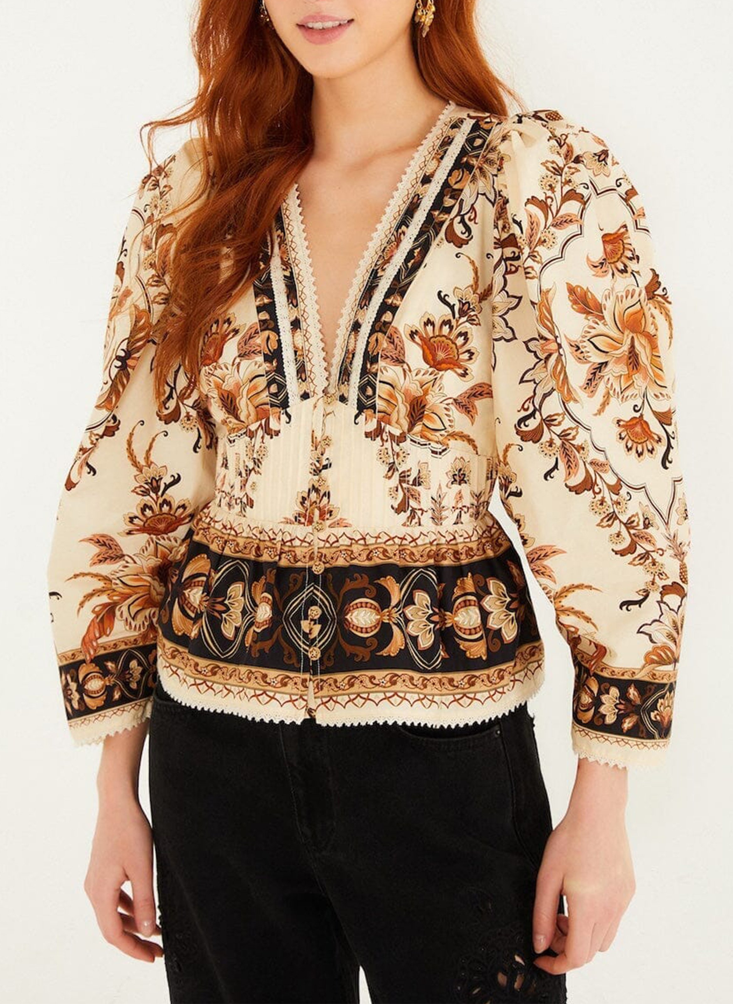 V-neck printed top with buttons FARM RIO Brown