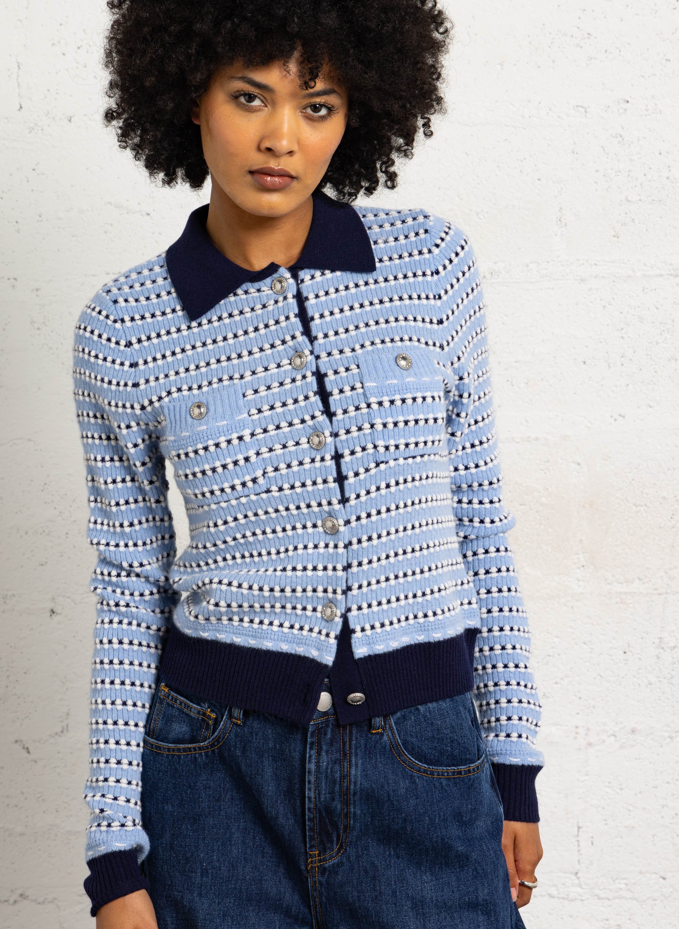 Cardigan boutonné en laine fantaisie SUNCOO Bleu