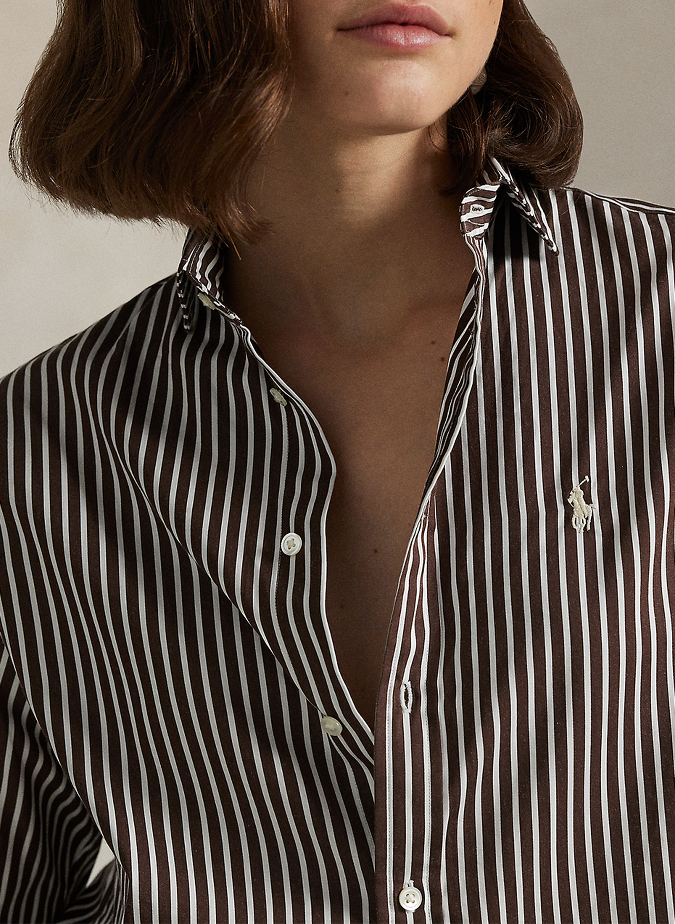 Chemise droite col polo en coton rayé POLO RALPH LAUREN Marron