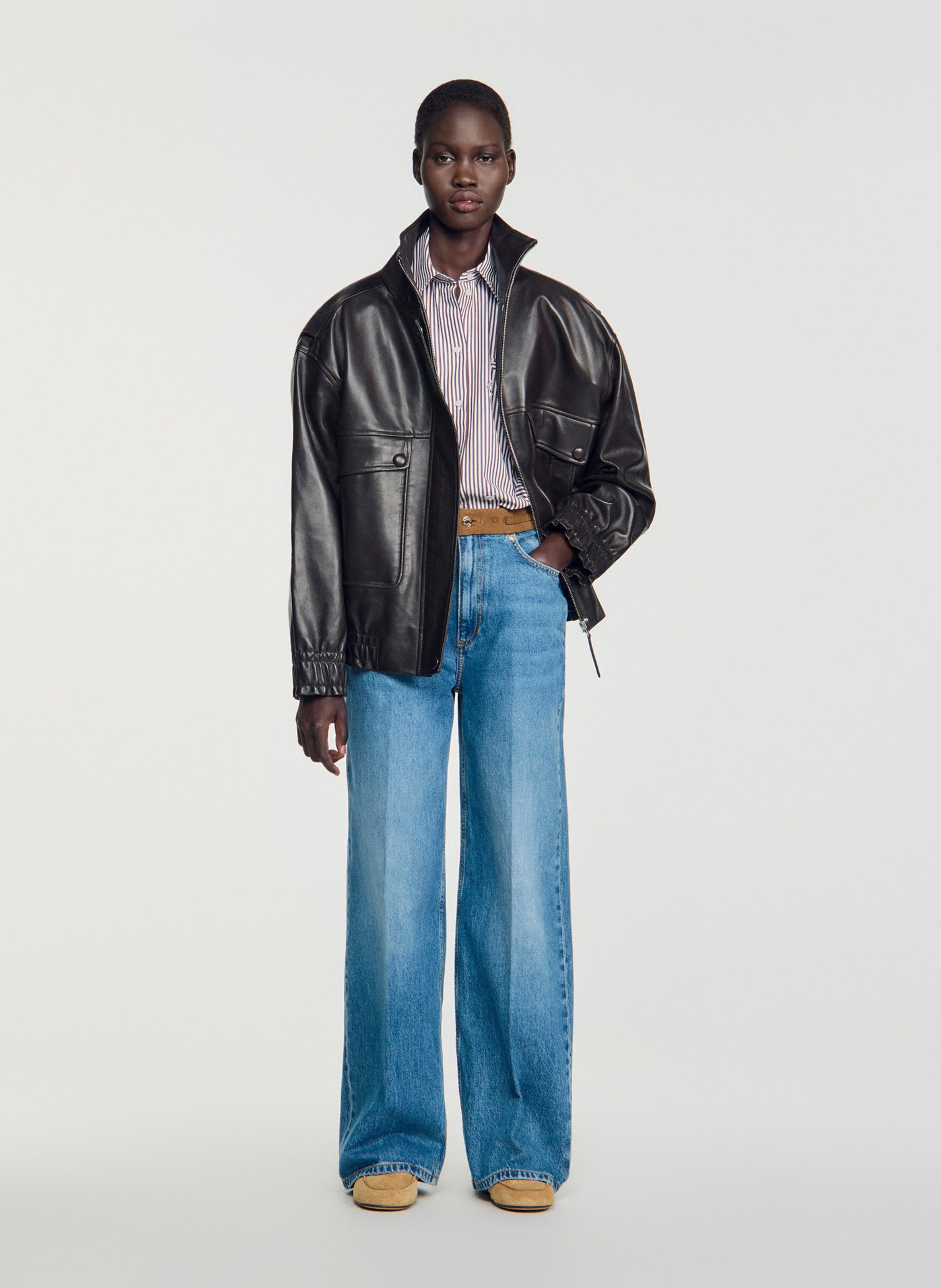 Chemise oversize col classique en coton mélangé rayé SANDRO Marron
