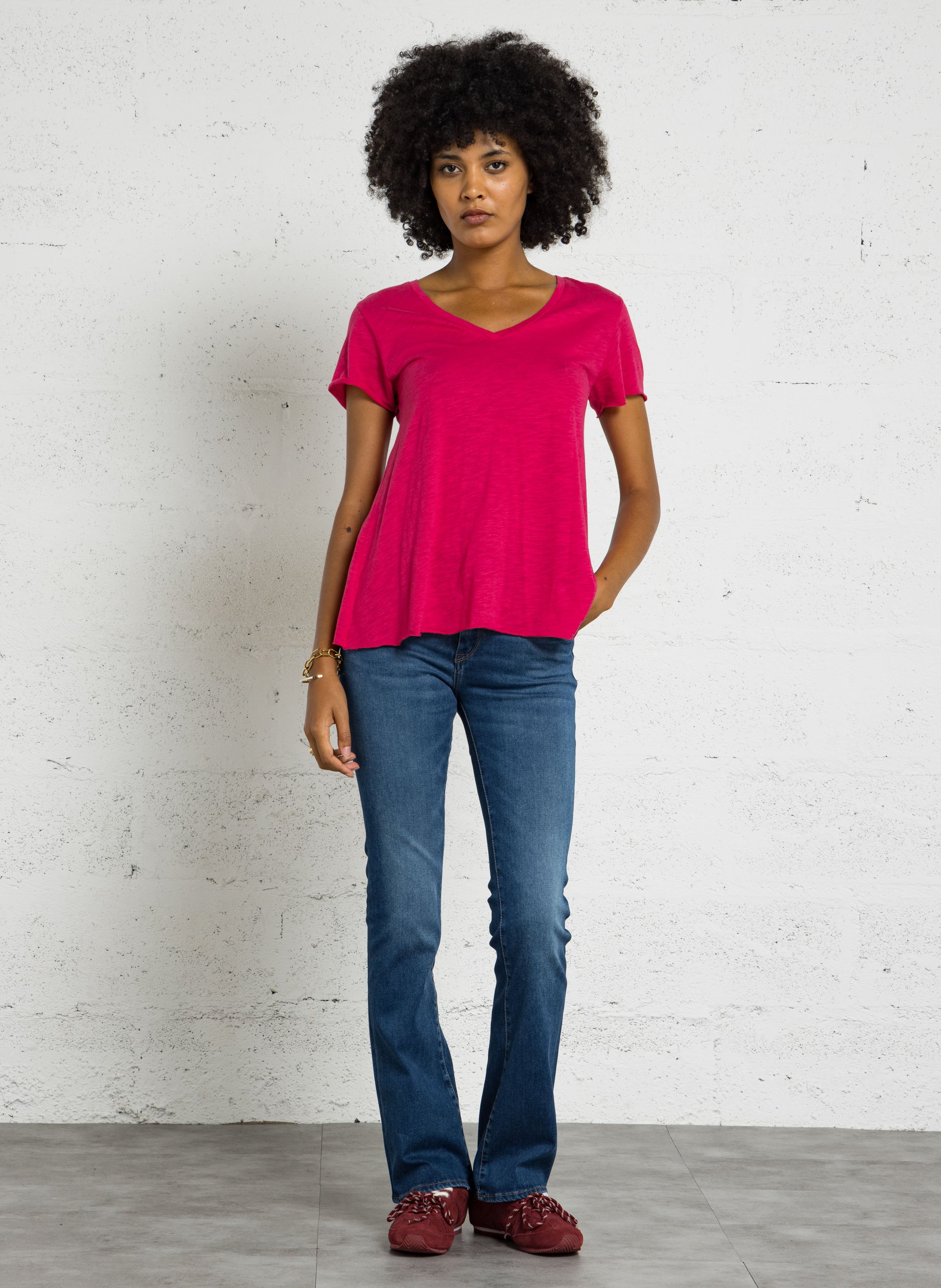 Straight cotton-blend V-neck T-shirt AMERICAN VINTAGE Pink