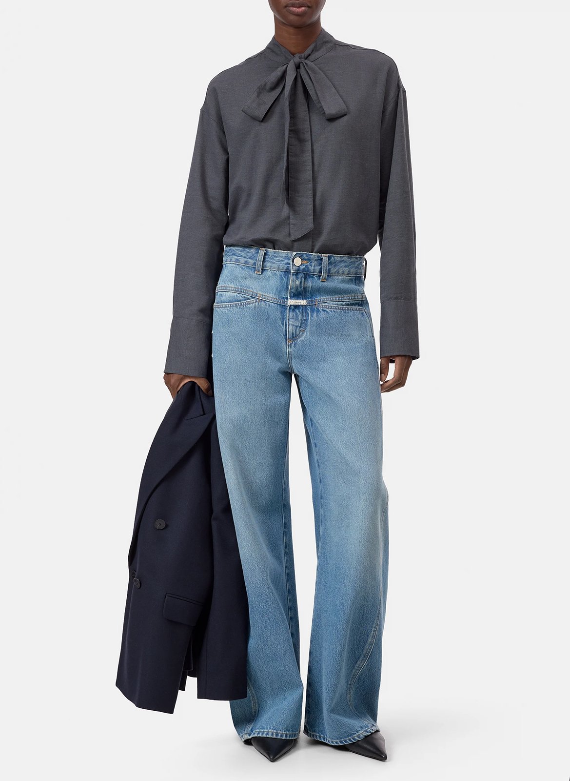 Straight blouse with lavallière collar in cotton and cashmere CLOSED Grey