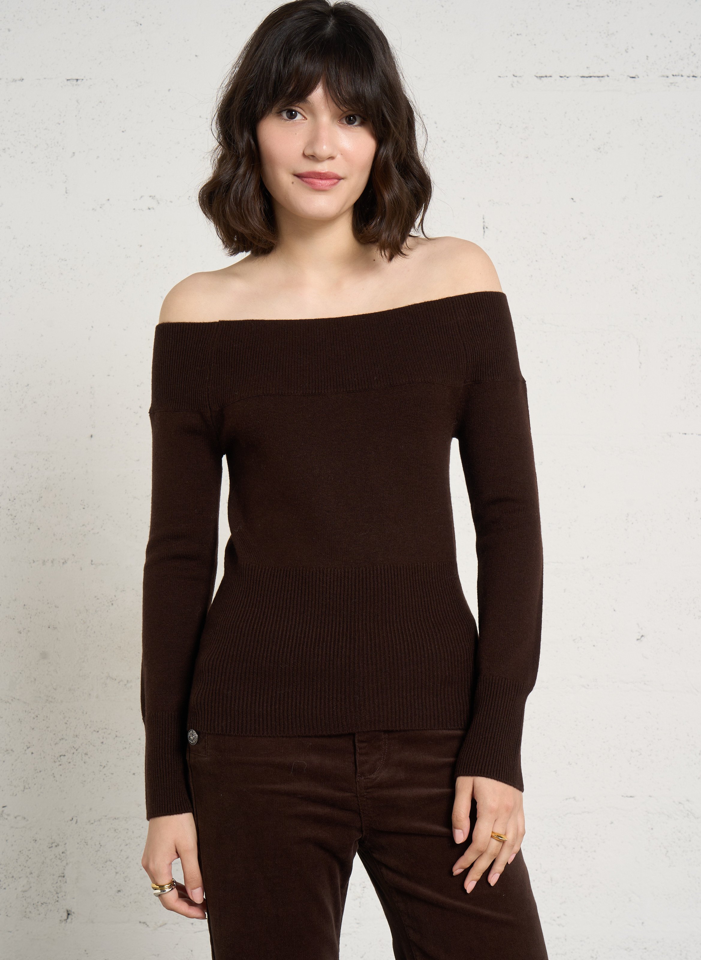 Pull épaules dénudées en laine DES PETITS HAUTS Marron