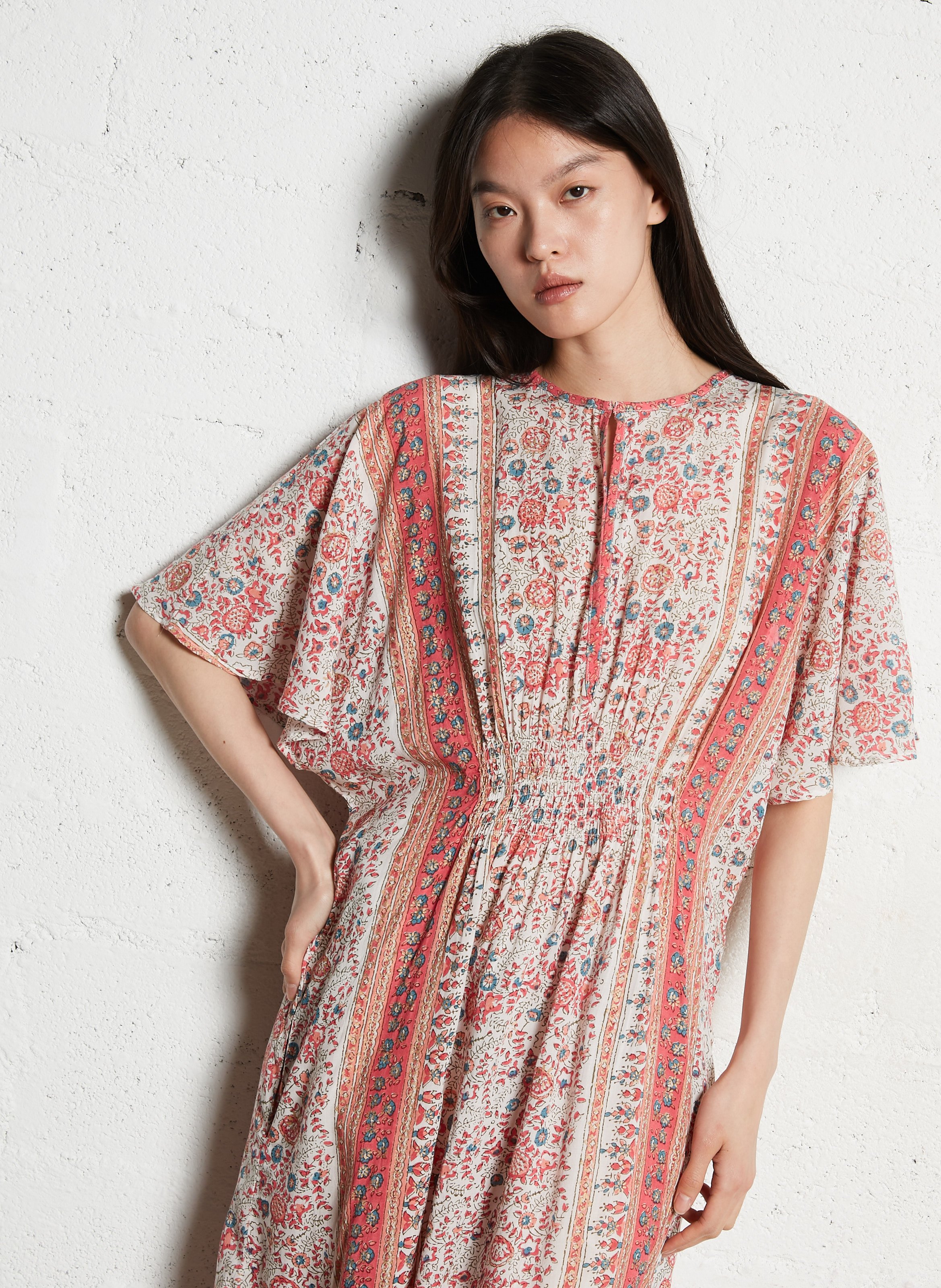 Robe midi col V en coton M.A.B.E Rose