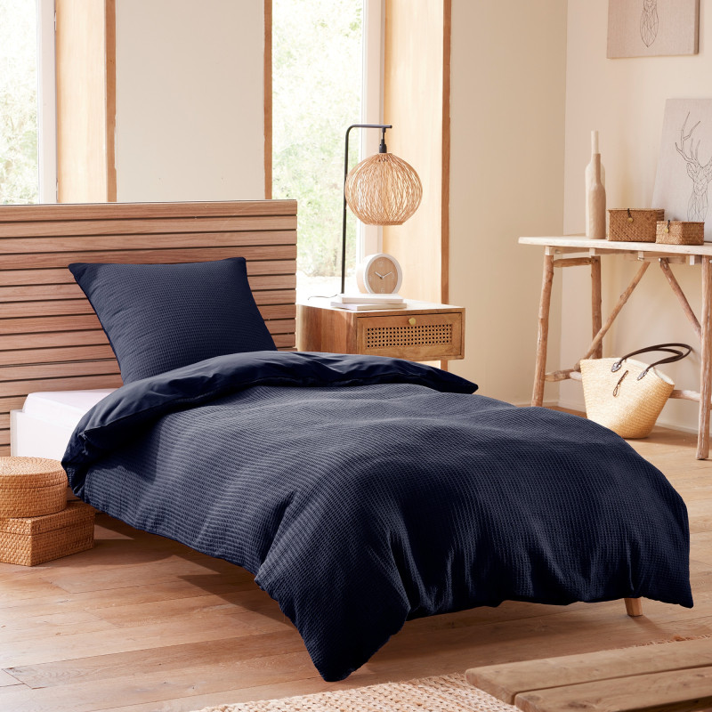 Honeycomb Duvet Cover Set 140 x 200 for Single Bed COTON PUR Blue