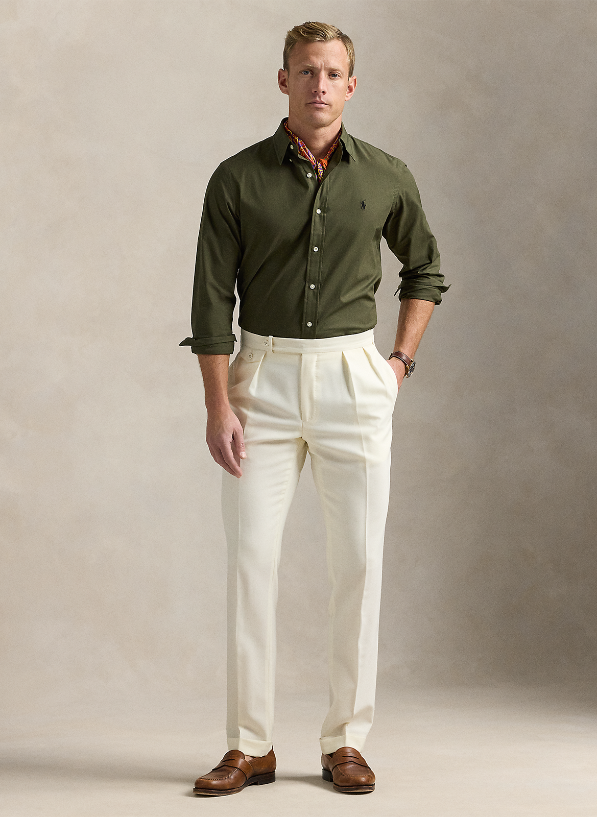 Chemise droite col américain en coton mélangé POLO RALPH LAUREN Vert