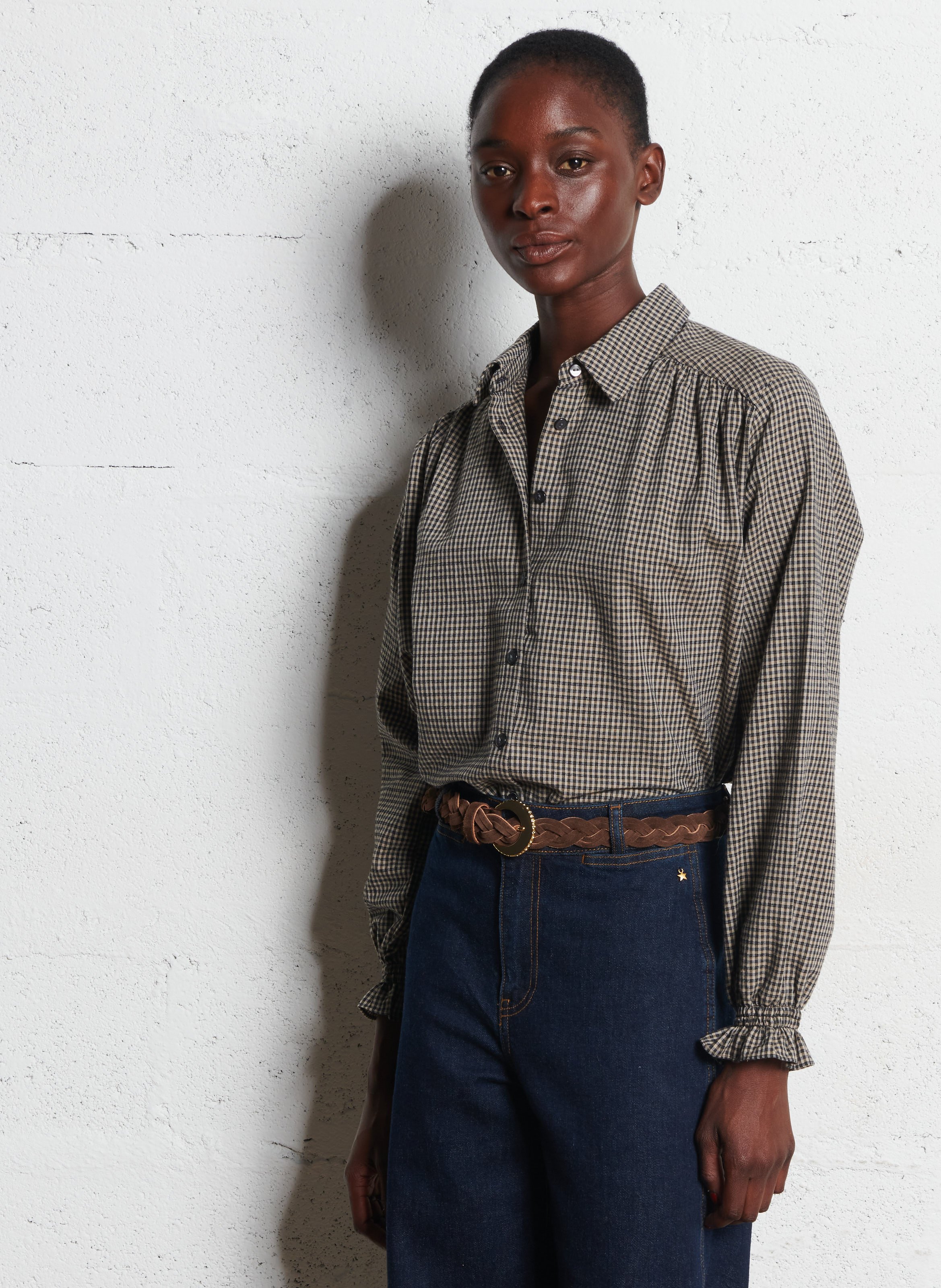 Cotton and linen shirt with classic collar DES PETITS HAUTS Brown