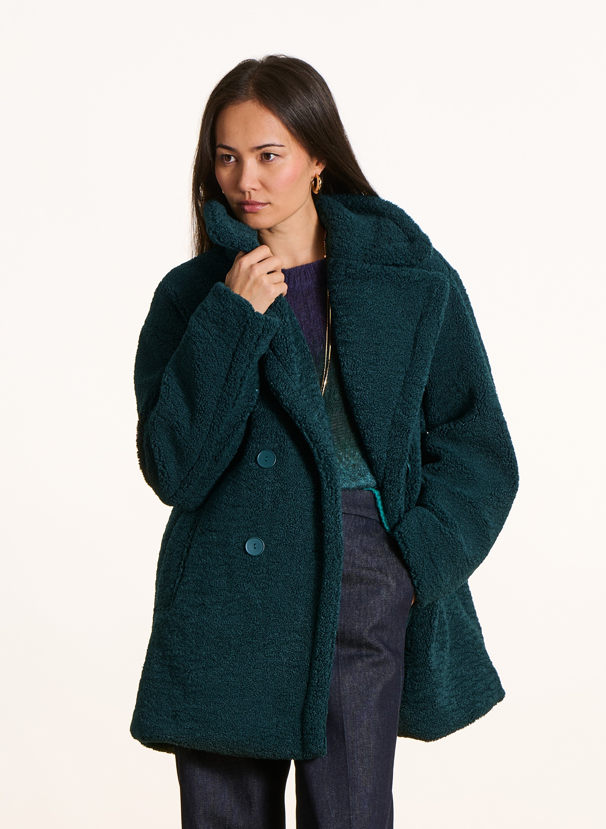 Oversized wool coat with bouclé effect tailoring. LA FEE MARABOUTEE Green