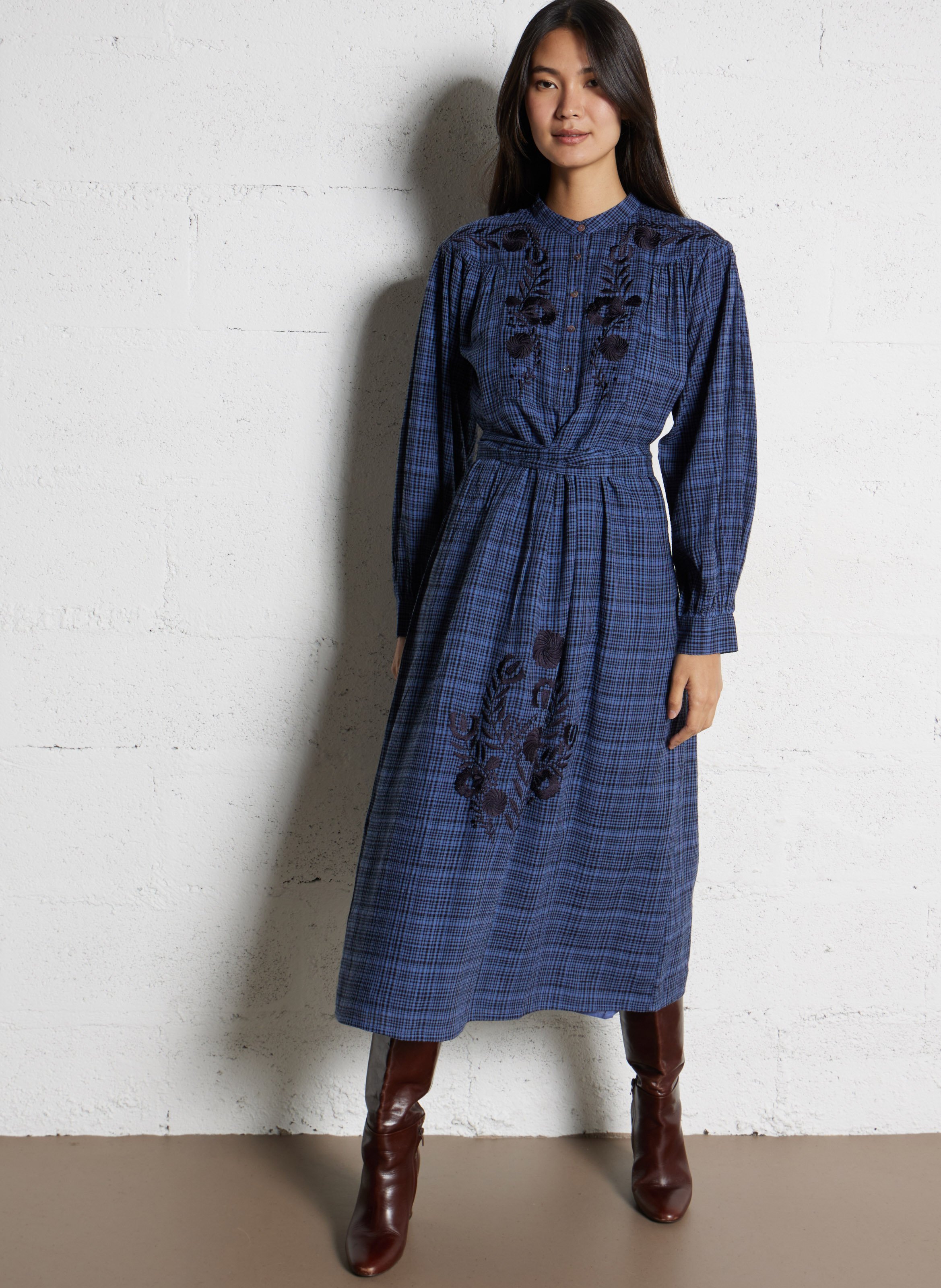 Langes Kleid mit Rundhalsausschnitt aus bedruckter Baumwollmischung ANTIK BATIK Blau