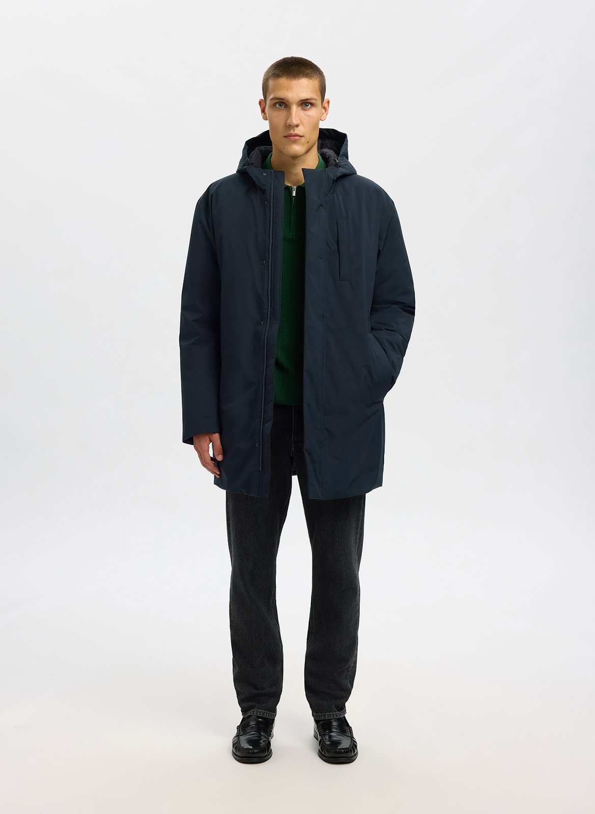 Straight parka with high collar in recycled fibers SELECTED Black
