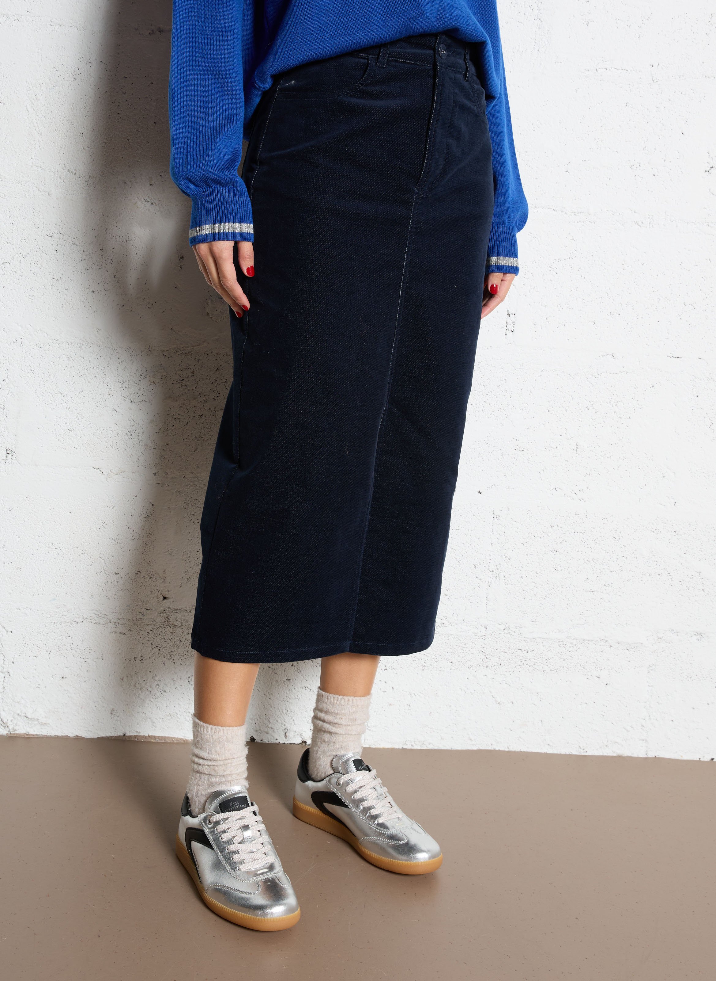 Jupe midi droite en coton mélangé I CODE Bleu