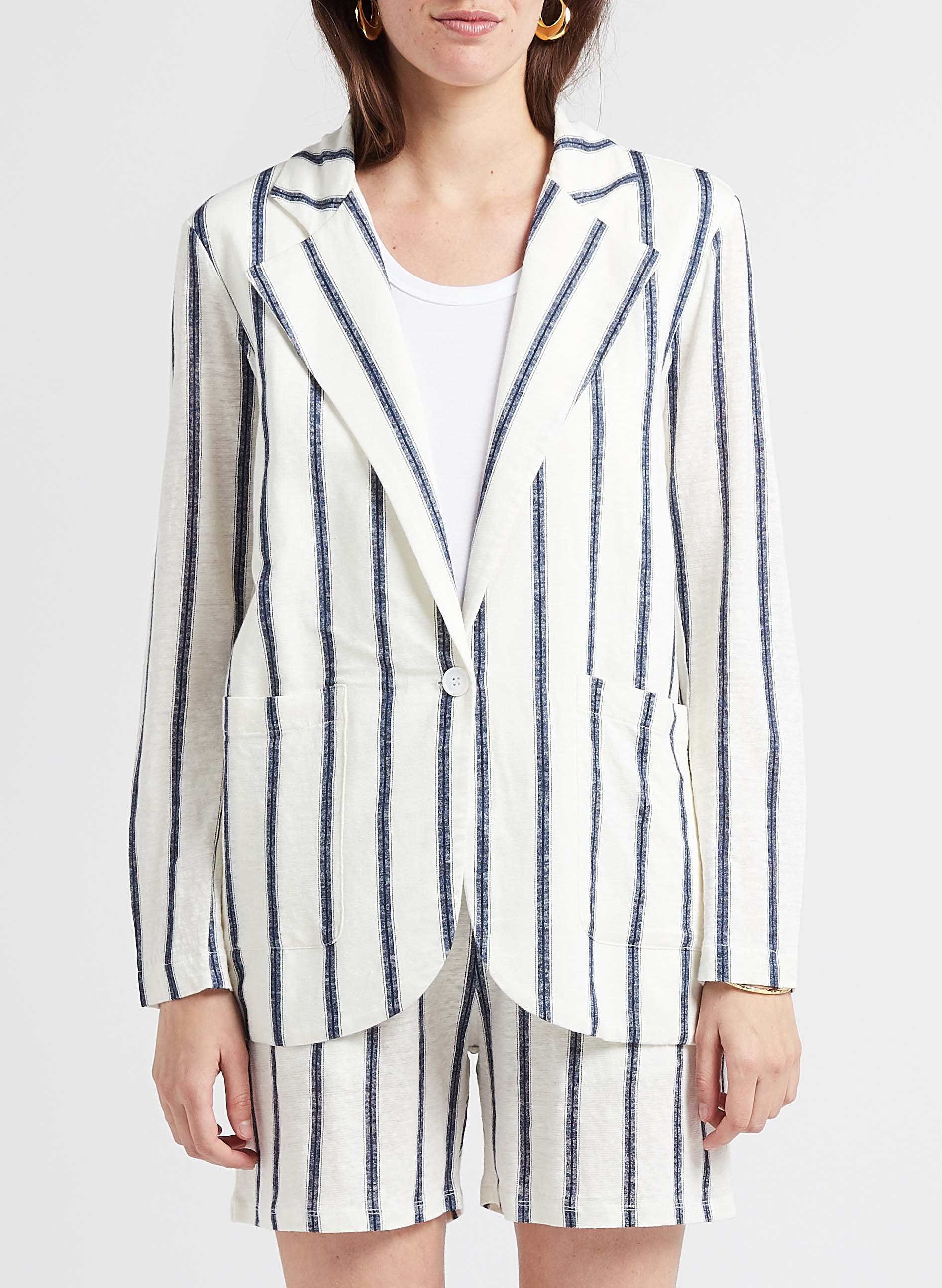 Veste col tailleur rayée en lin mélangé MAJESTIC FILATURES Bleu