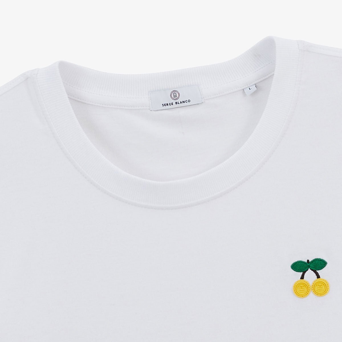 Round neck t-shirt in cotton with yellow cherries embroidery on the chest. SERGE BLANCO White