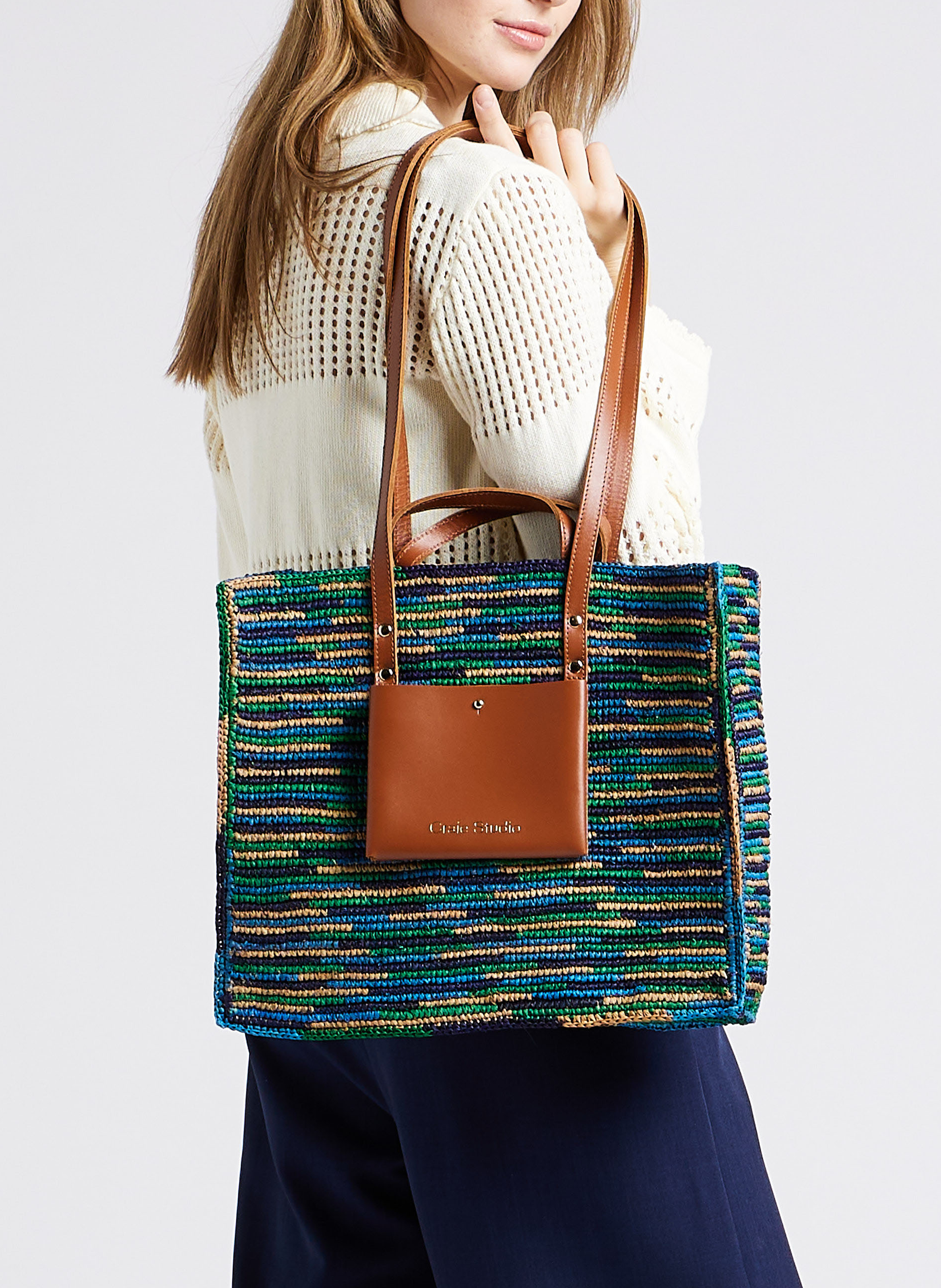 Leather and raffia tote bag CRAIE STUDIO Blue