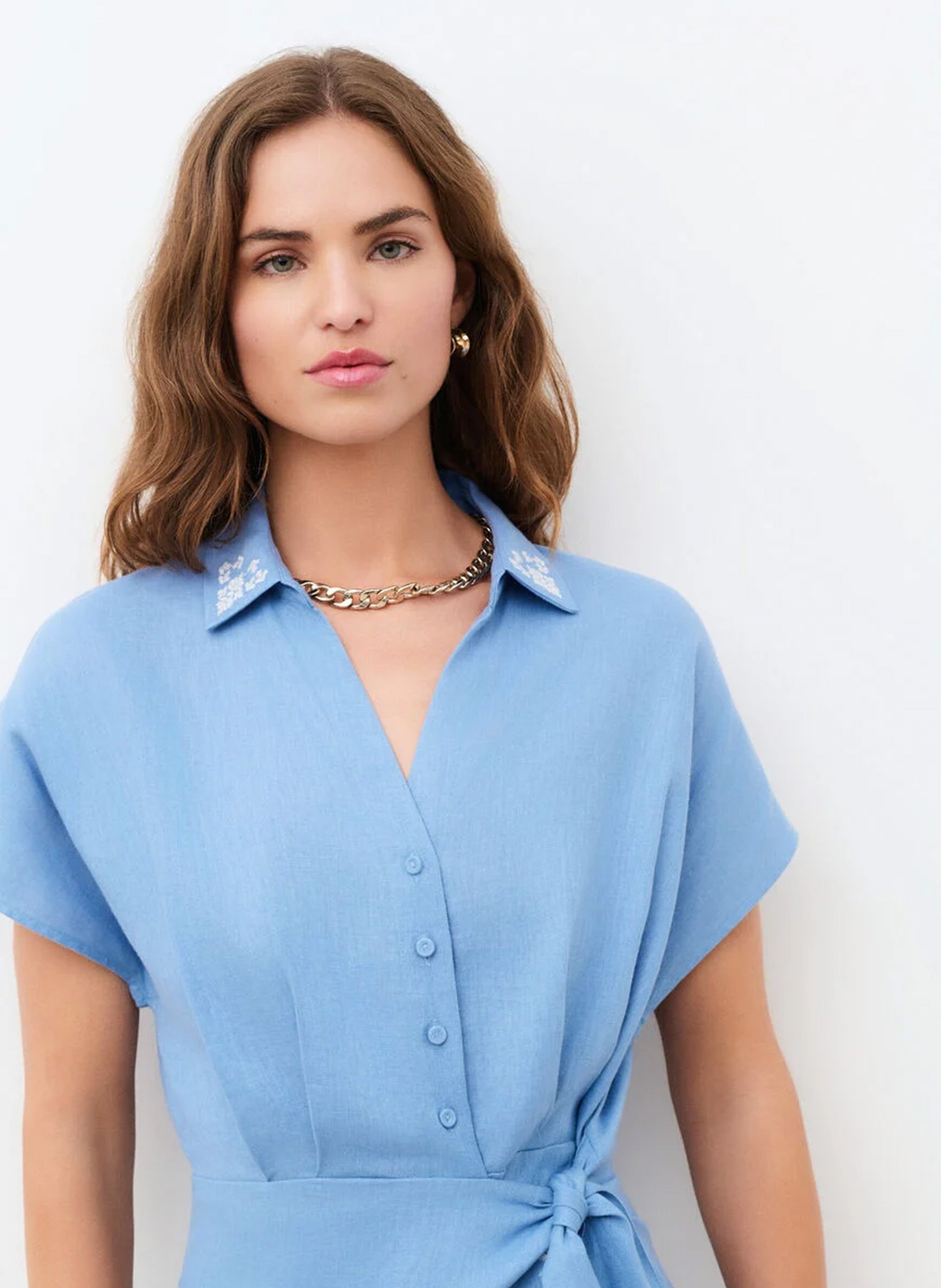 Robe courte col classique en lin CAROLL Bleu