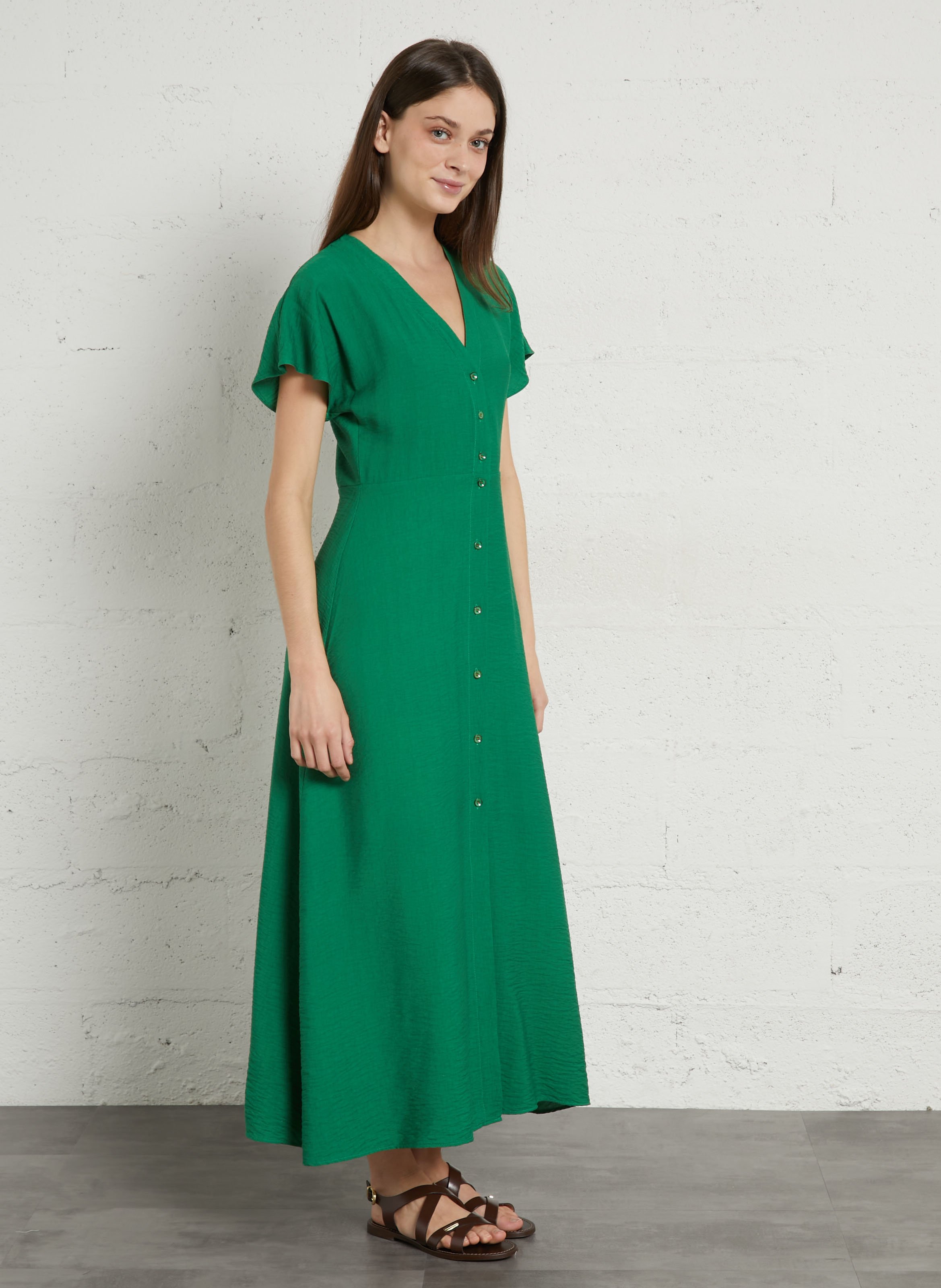 Long V-neck dress TINSELS Green