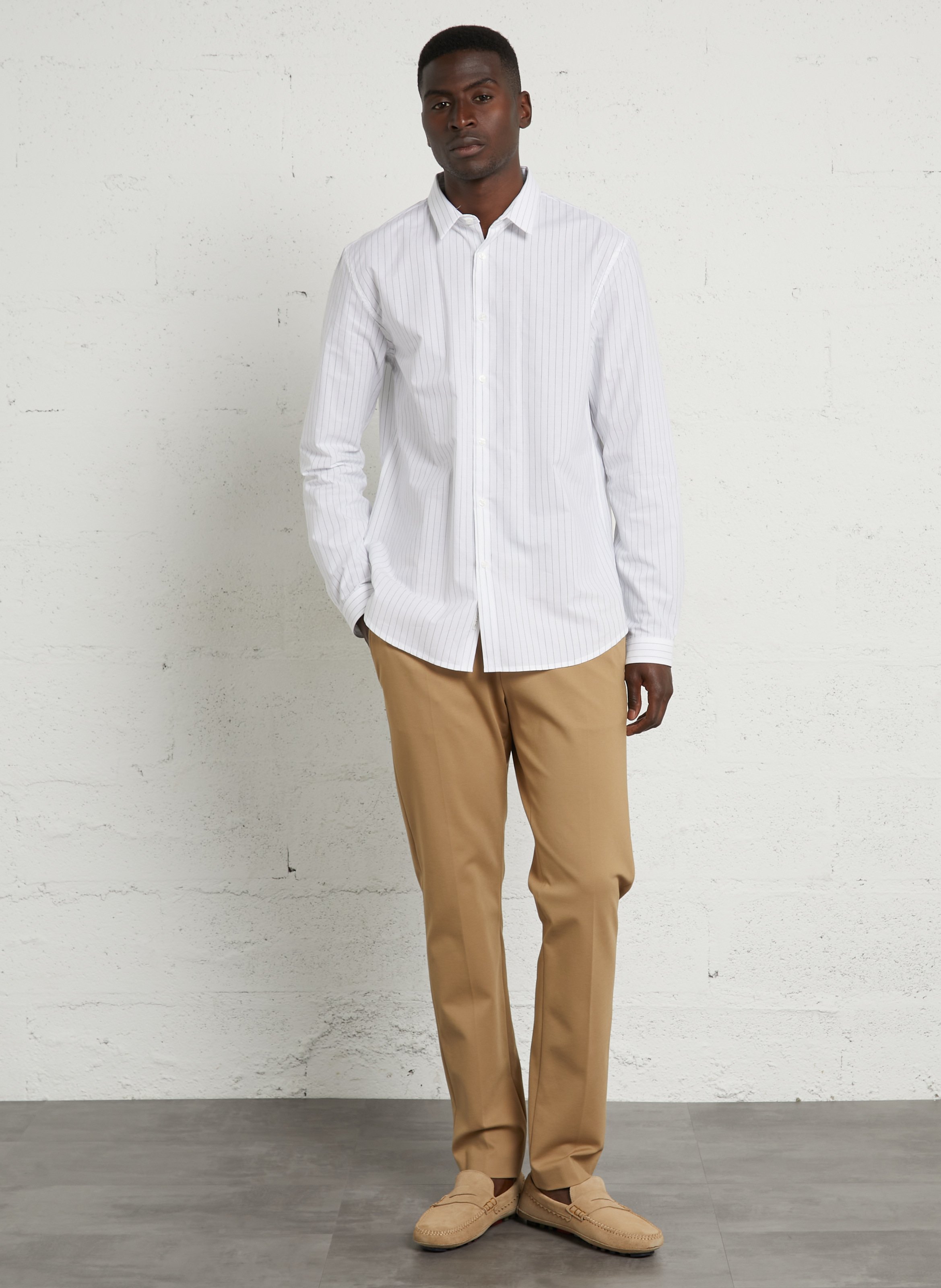 Straight shirt with classic collar in striped cotton and linen blend. IKKS Green