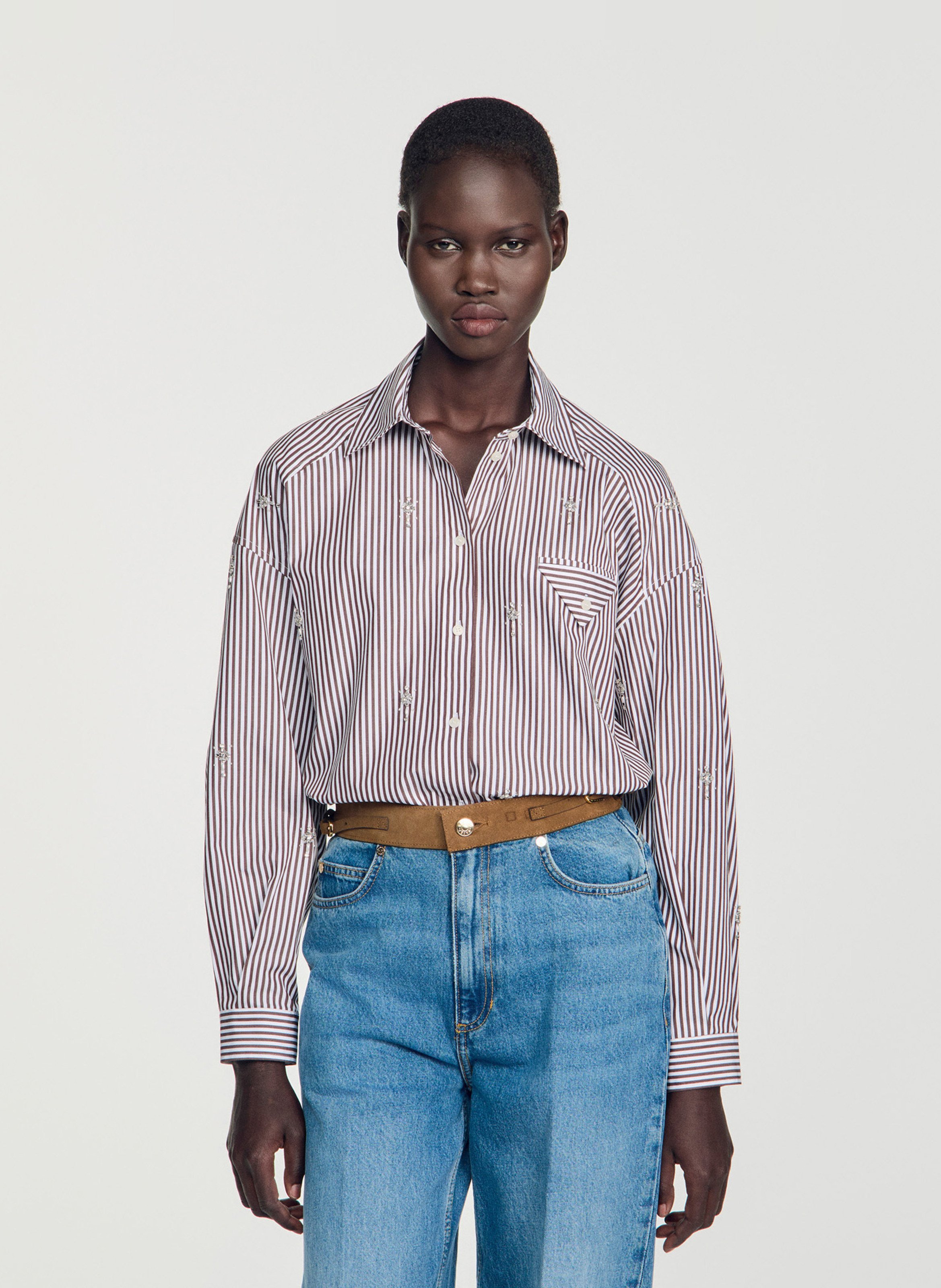 Chemise oversize col classique en coton mélangé rayé SANDRO Marron