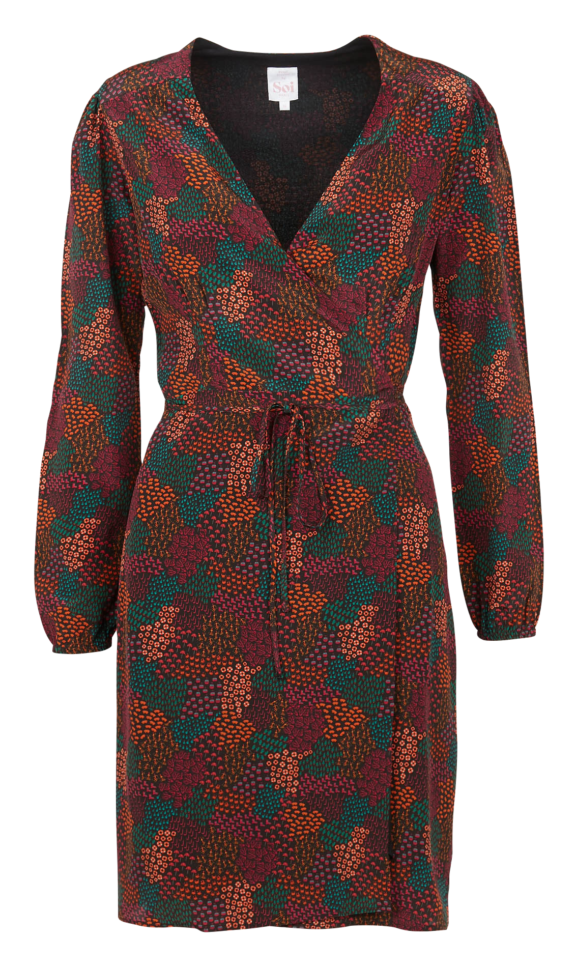 Short printed silk V-neck dress SOI PARIS Brown