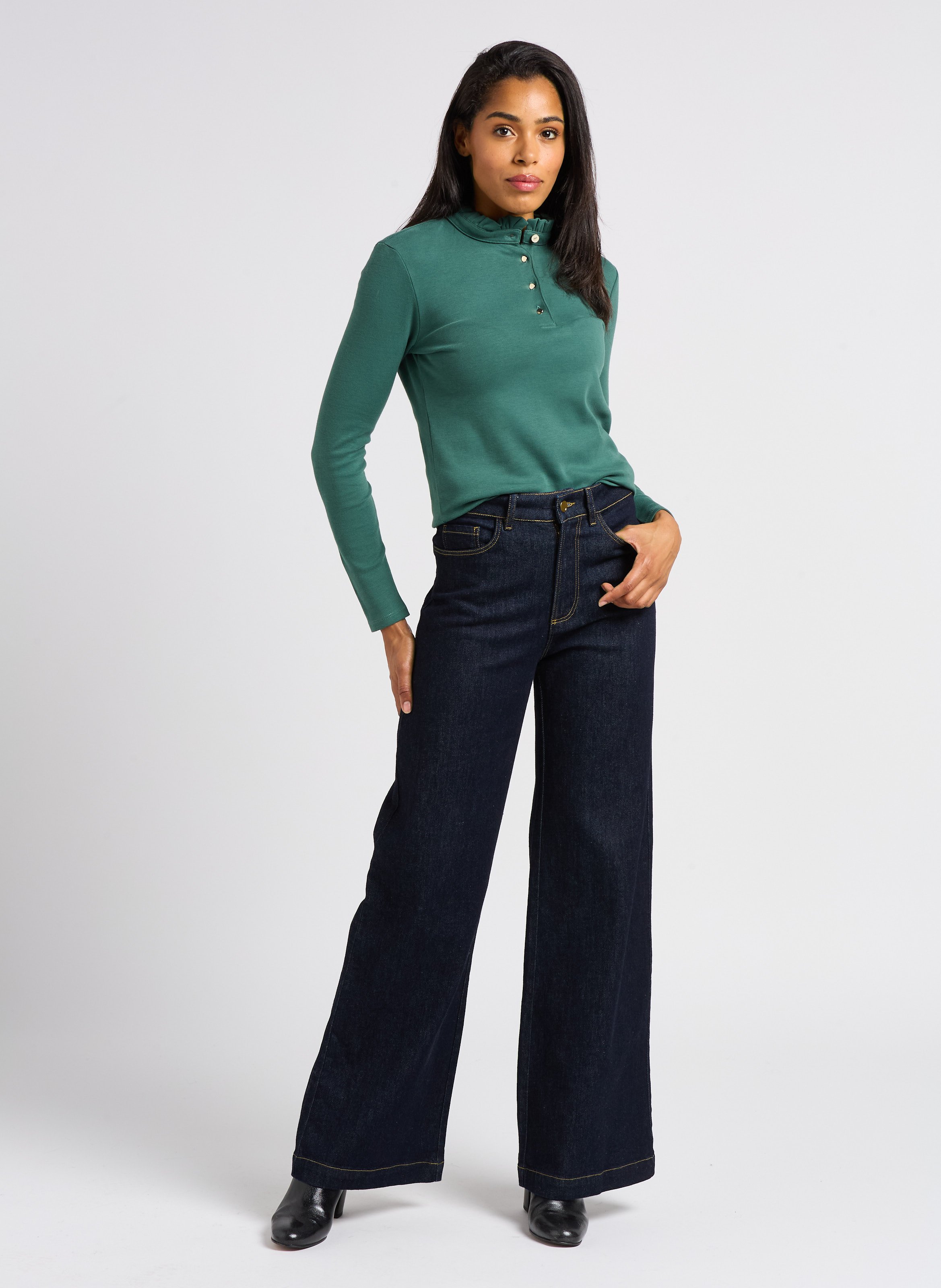 Jean large taille haute en coton I CODE Bleu