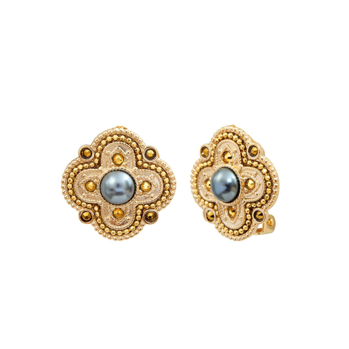 Positano clip earrings with mother-of-pearl cabochon and crystals SATELLITE PARIS White