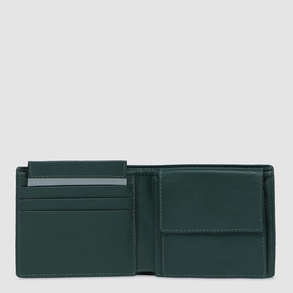 Men's wallet with coin pocket, credit card slots, removable flap, and RFID protection PIQUADRO Green