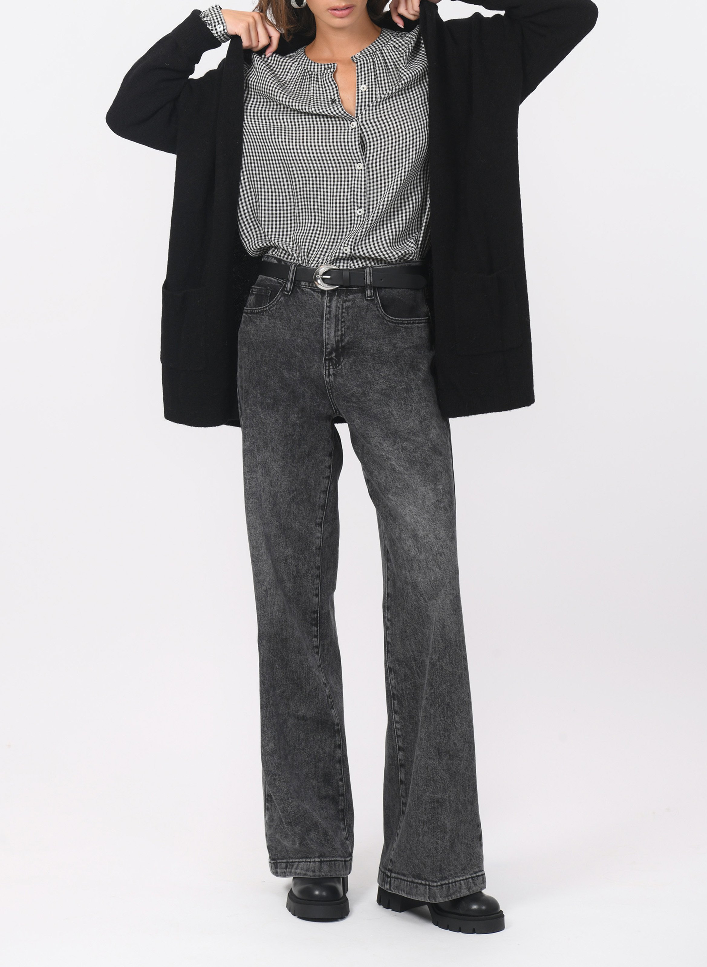 Chemise col rond motif vichy KOOKAI Noir