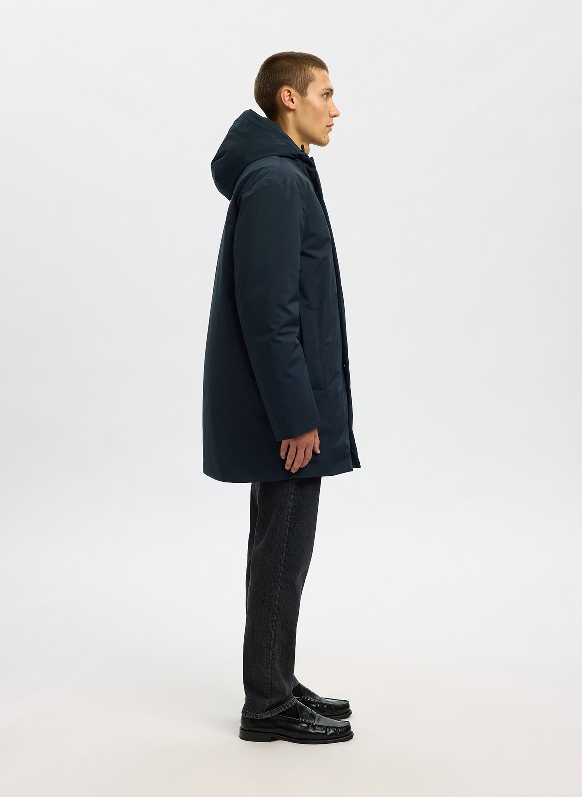 Straight parka with high collar in recycled fibers SELECTED Black