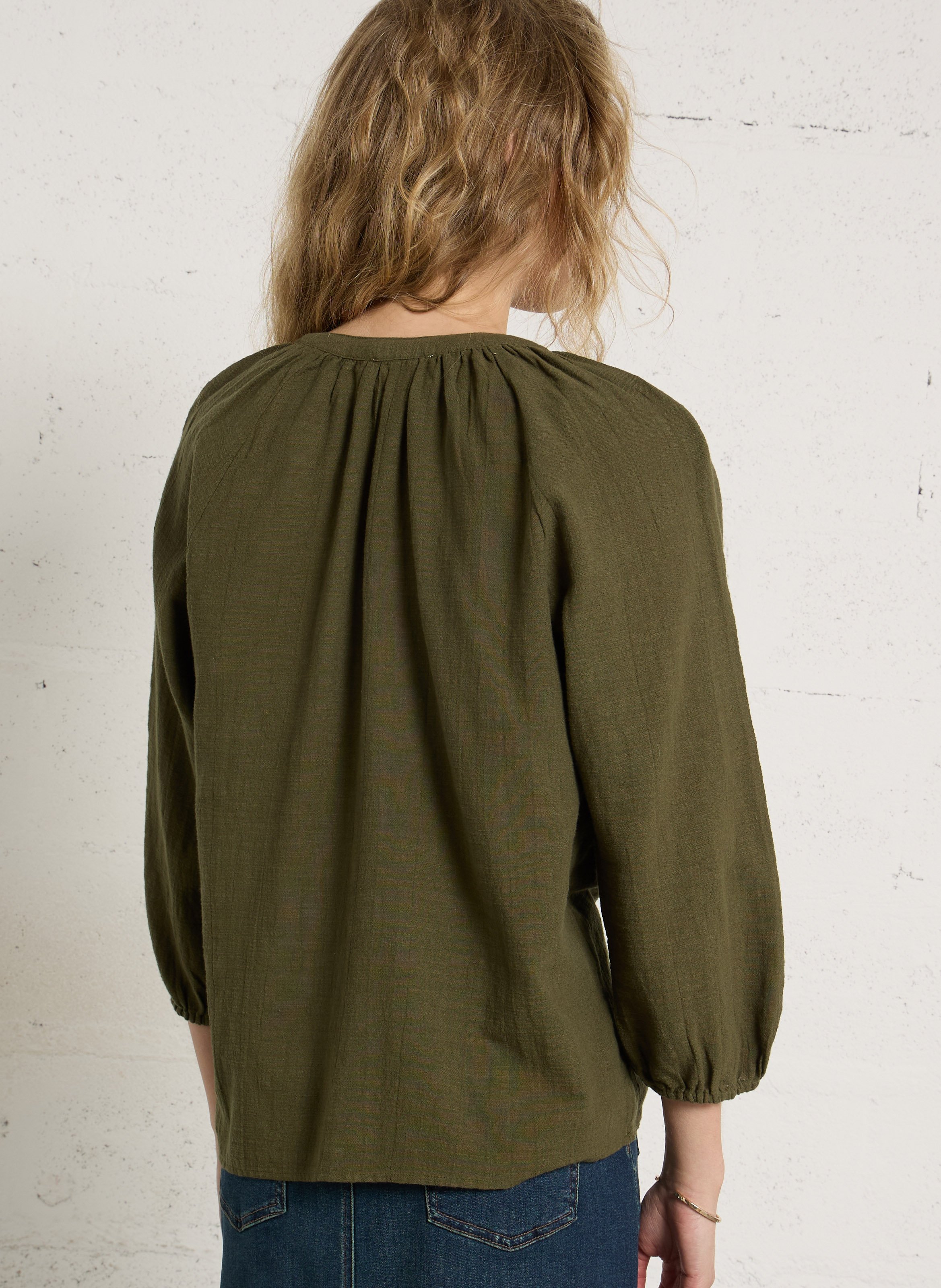 Straight-cut cotton blouse with V-neck MAISON 123 Green