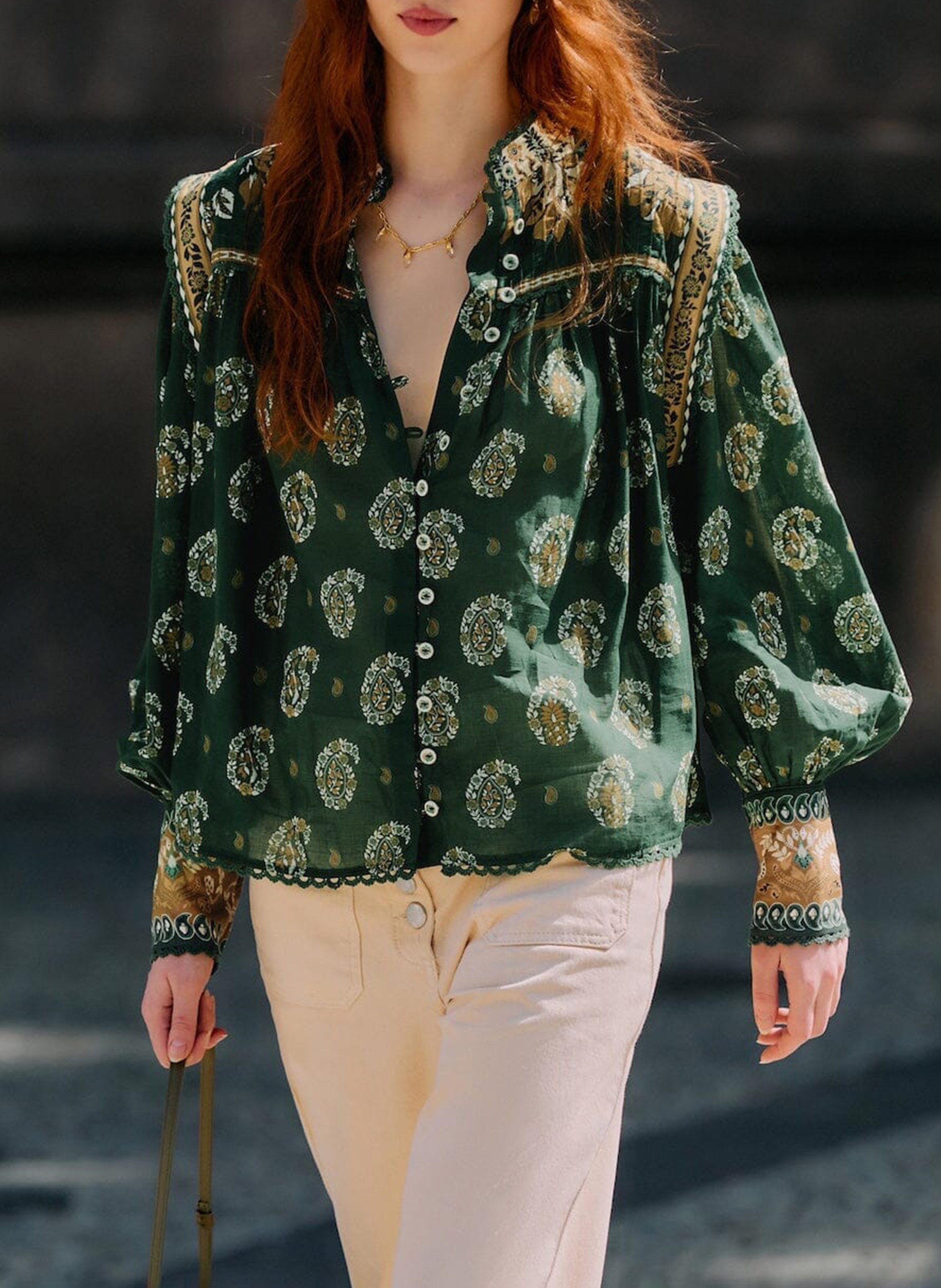 Printed cotton straight blouse with mandarin collar FARM RIO Green