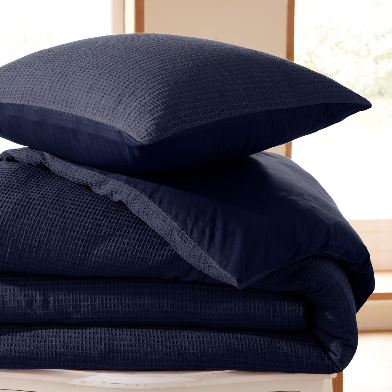Honeycomb Duvet Cover Set 140 x 200 for Single Bed COTON PUR Blue