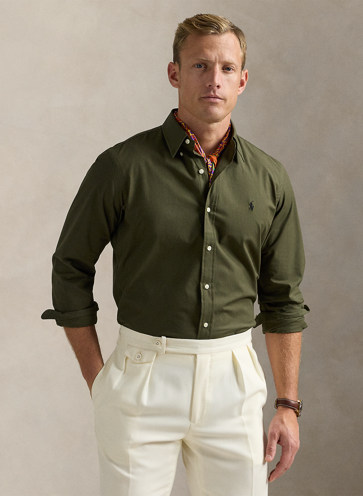 Chemise droite col américain en coton mélangé POLO RALPH LAUREN Vert