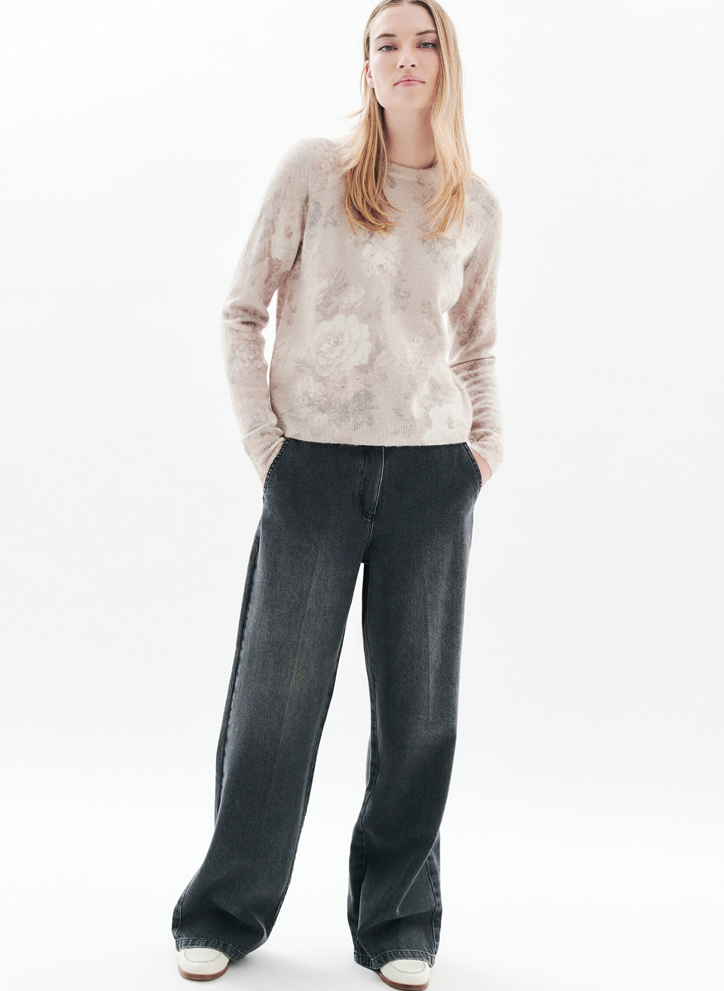 Straight round neck printed sweater CAROLL Beige