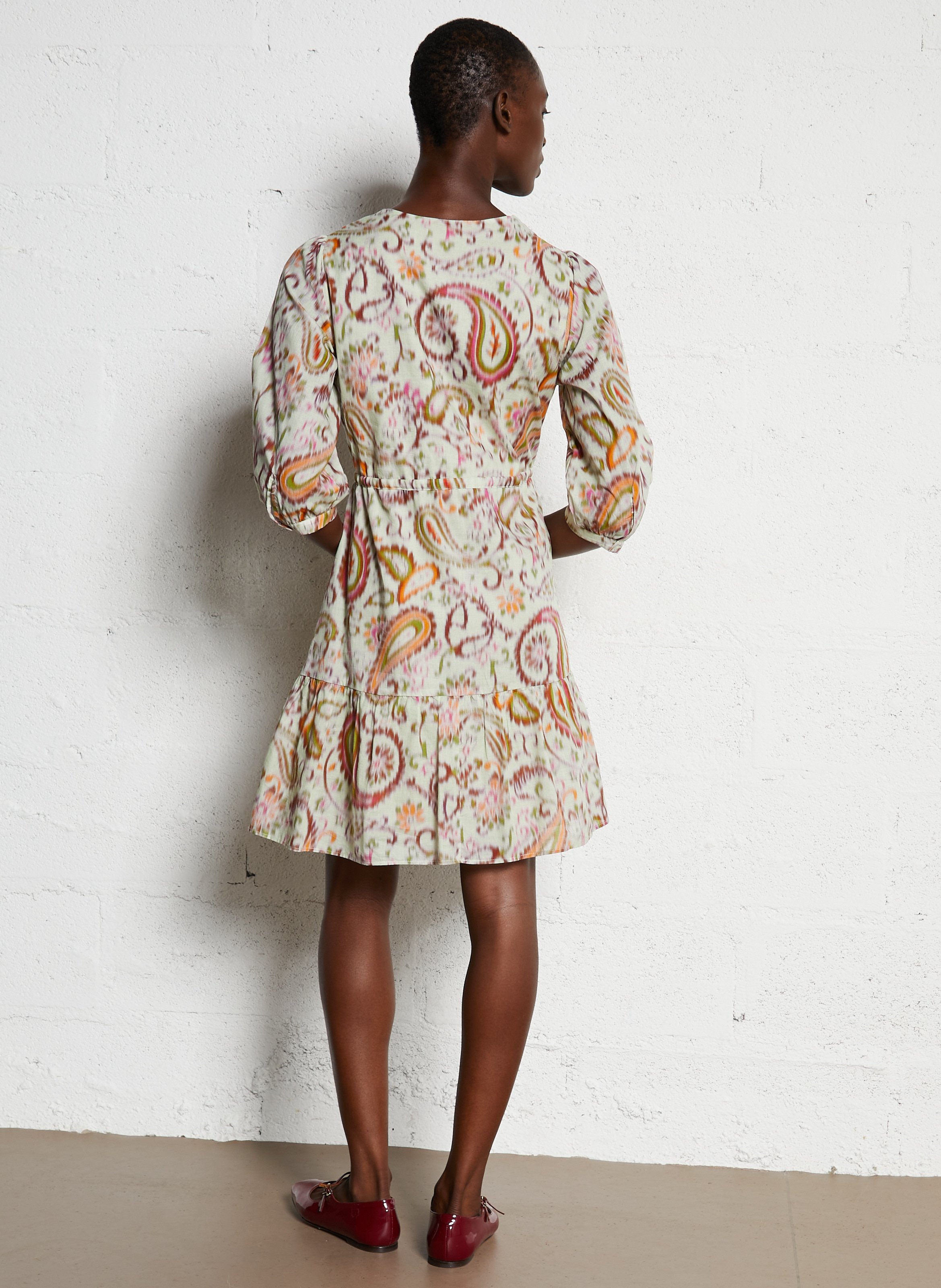 Short V-neck dress with 3/4 sleeves printed SUD EXPRESS Green