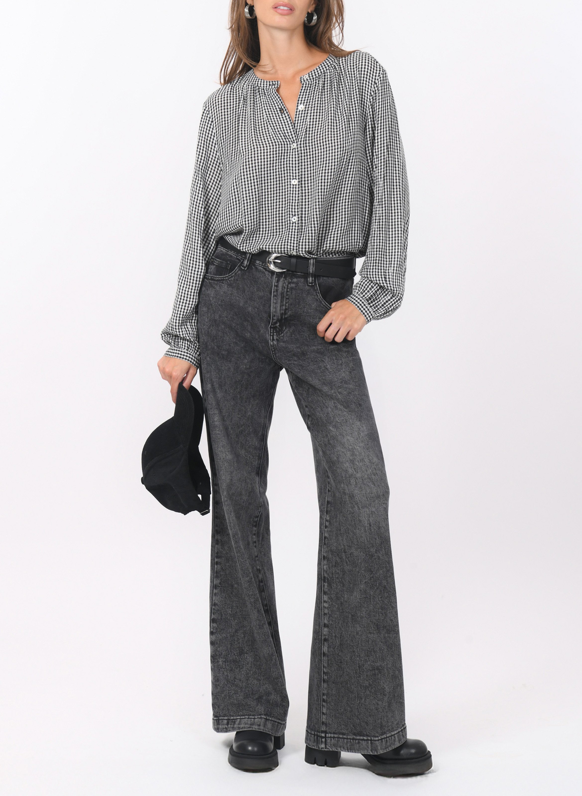 Chemise col rond motif vichy KOOKAI Noir