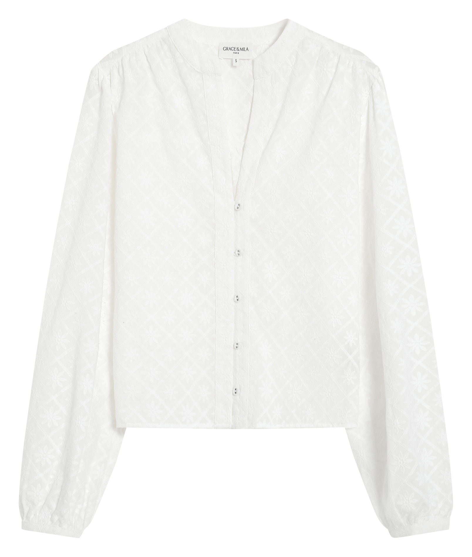 Blouse droite col V en coton brodé GRACE ET MILA Beige
