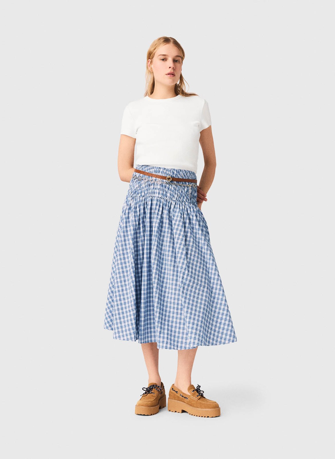 Jupe longue évasée à carreaux en coton MAJE Bleu