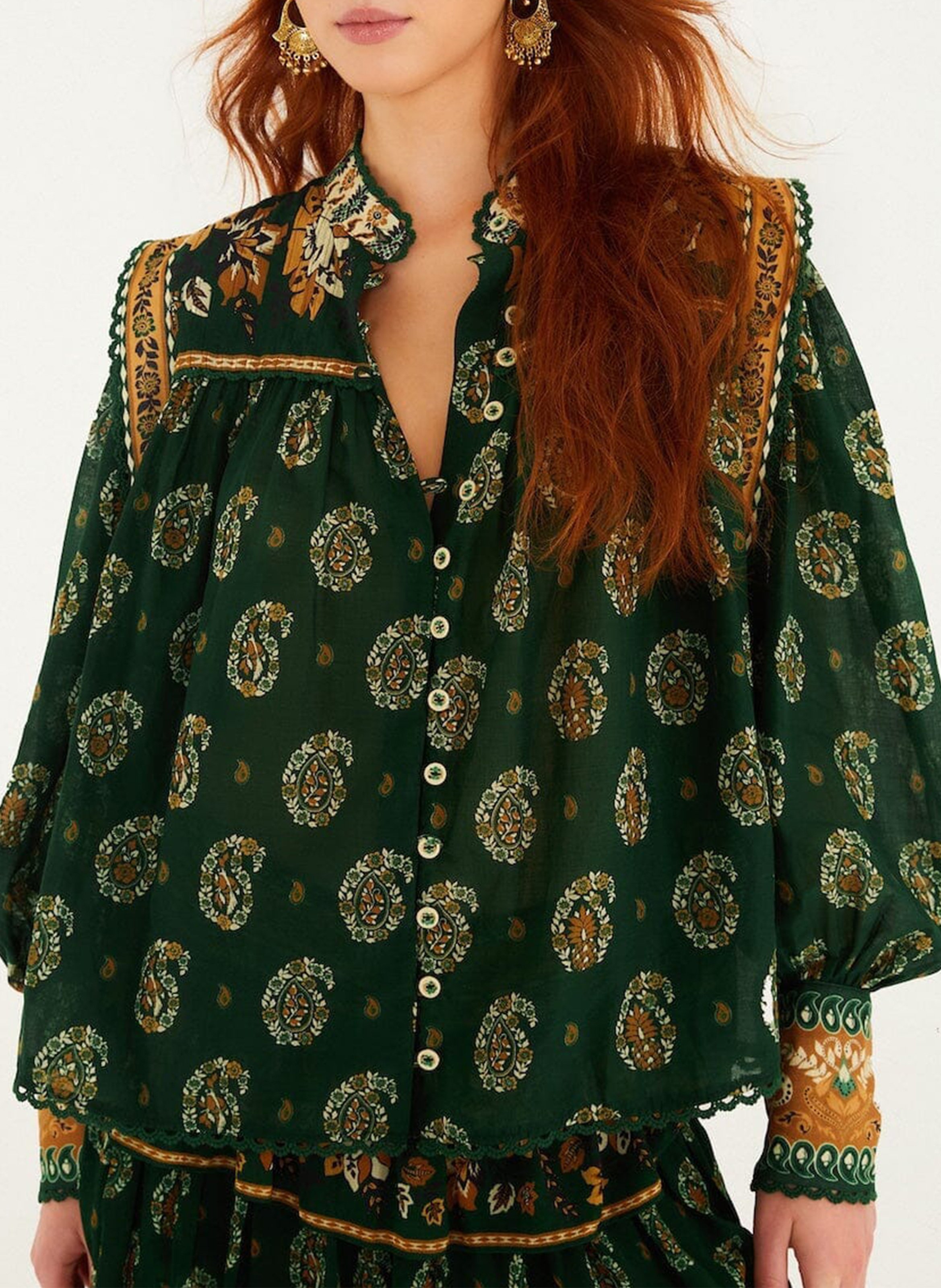 Printed cotton straight blouse with mandarin collar FARM RIO Green
