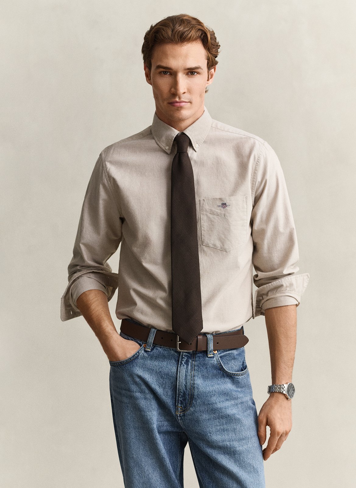 Chemise regular-fit col américain en coton GANT Beige