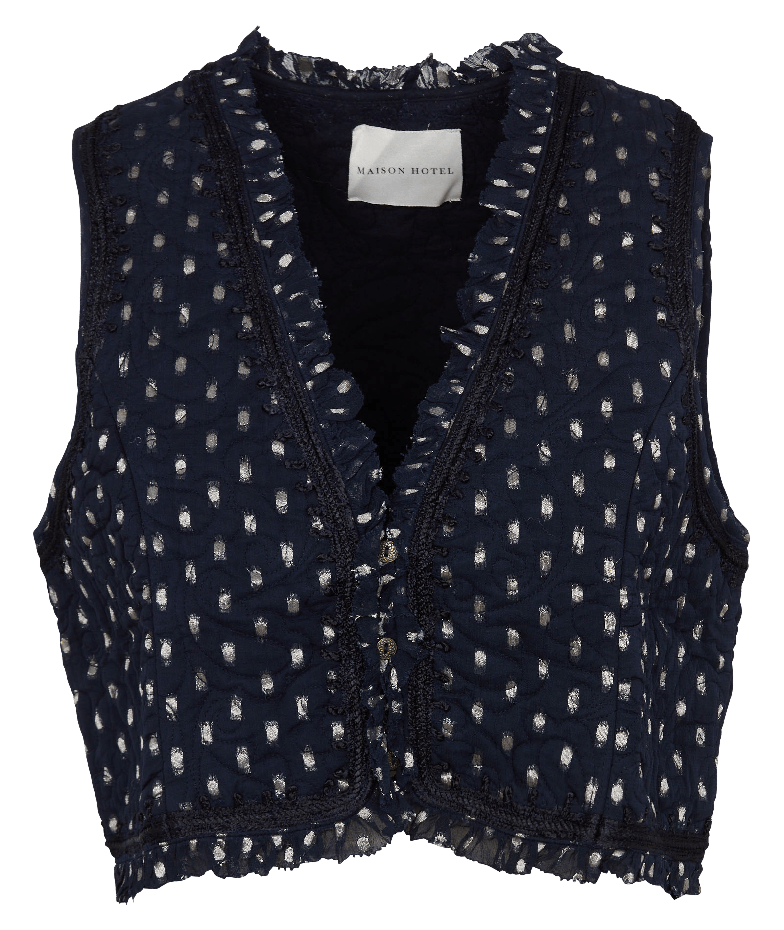 Straight collar V-neck jacket with topstitched ruffles in blended cotton MAISON HOTEL Blue