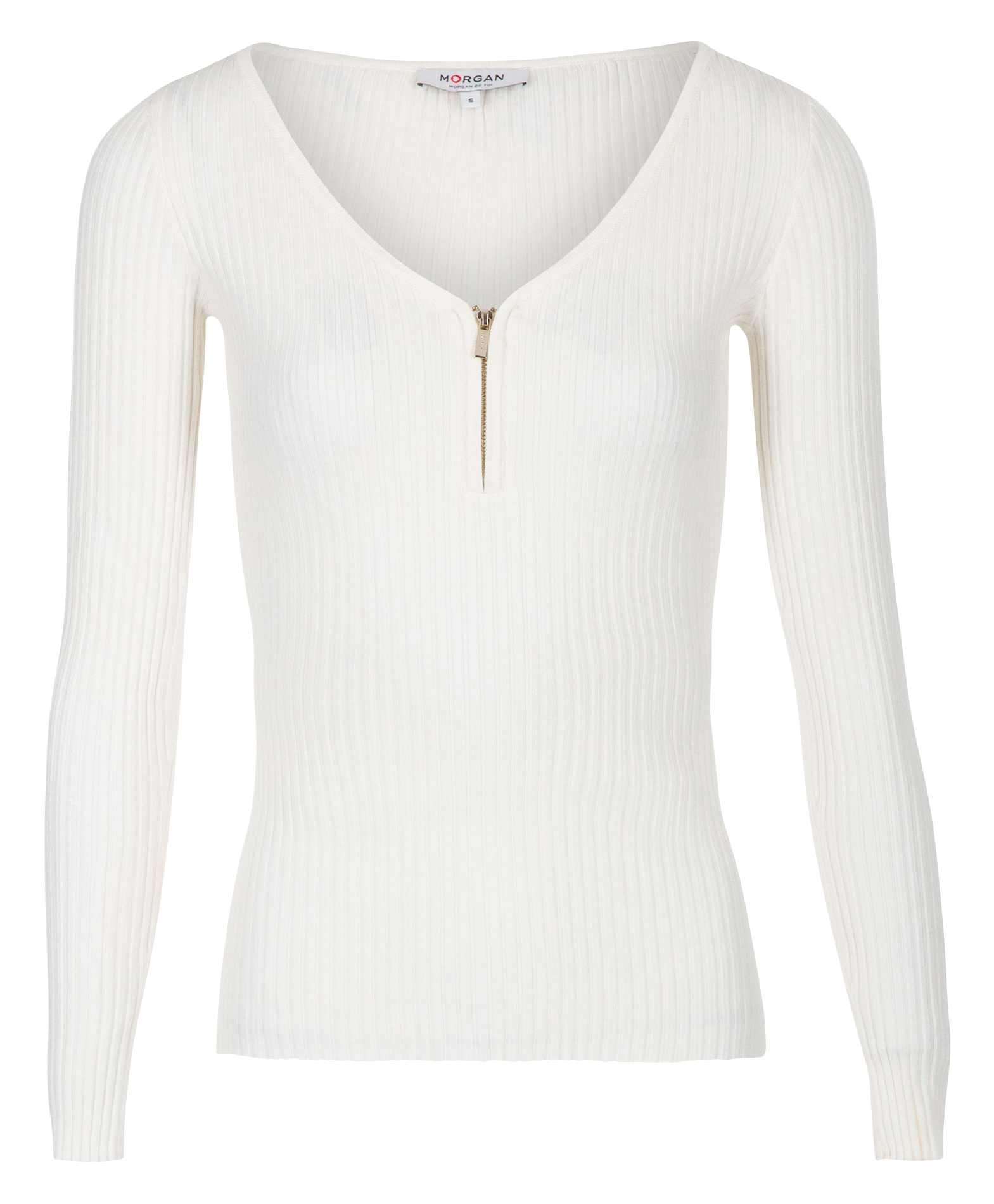 Trui van ribtricot met V-hals en rits MORGAN Beige