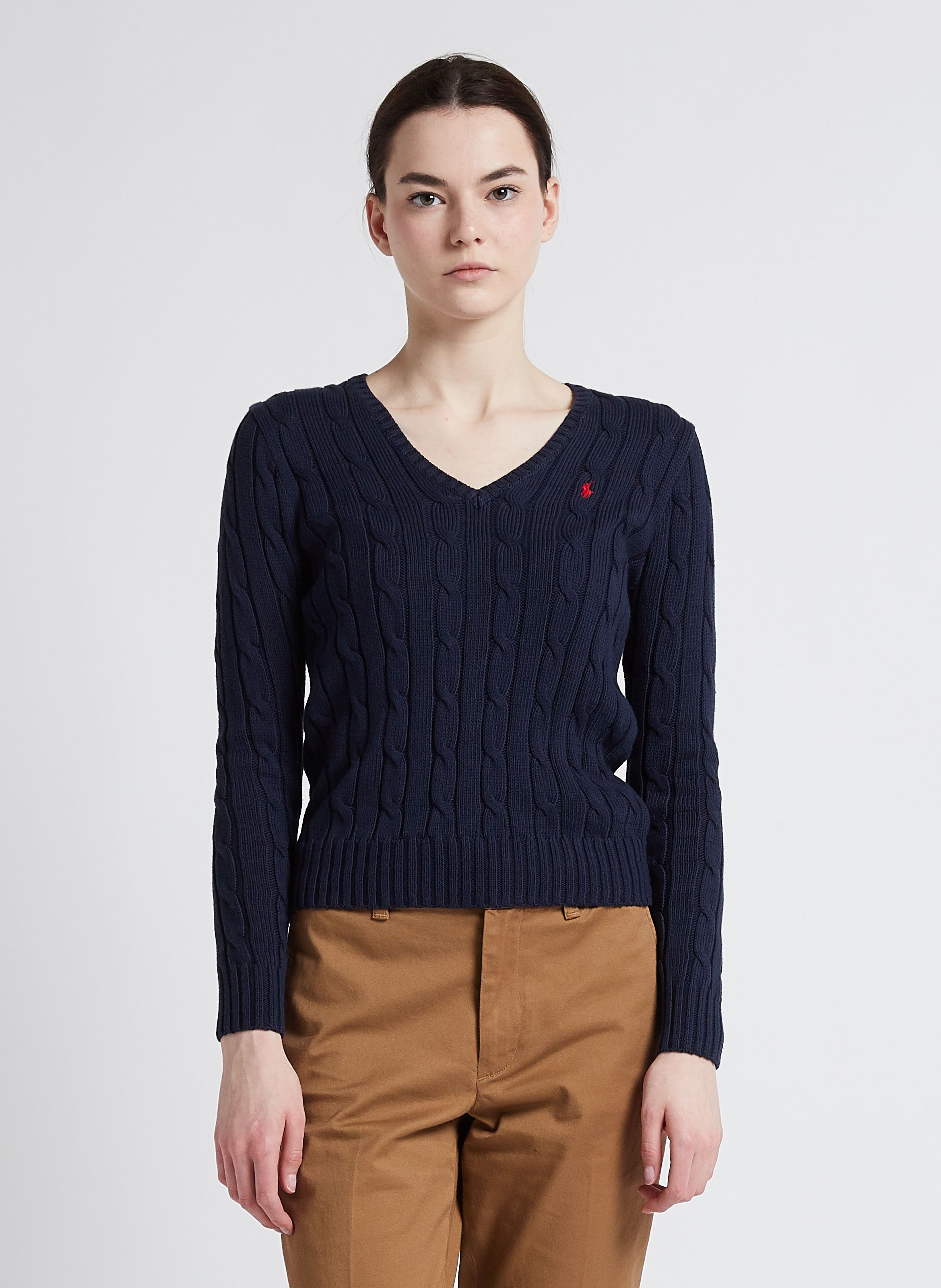 Pull col V en maille tressee en coton Bleu