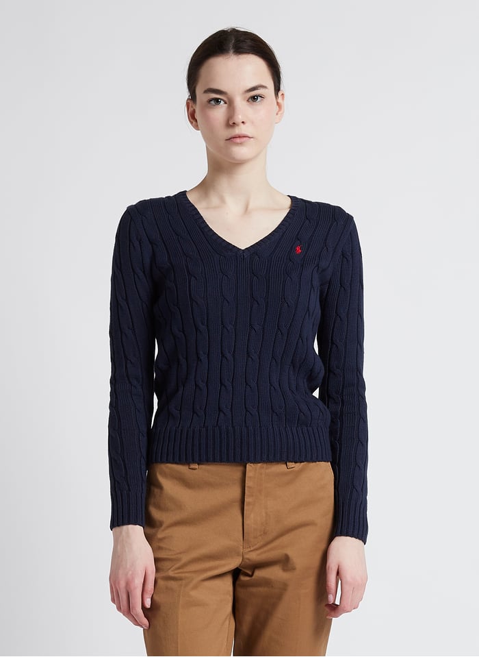 Gebreide Trui Met V-hals En Vlechtachtig Kabelpatroon Hunter Navy Polo Ralph  Lauren - Dames | Place des Tendances ralph lauren gebreide trui dames