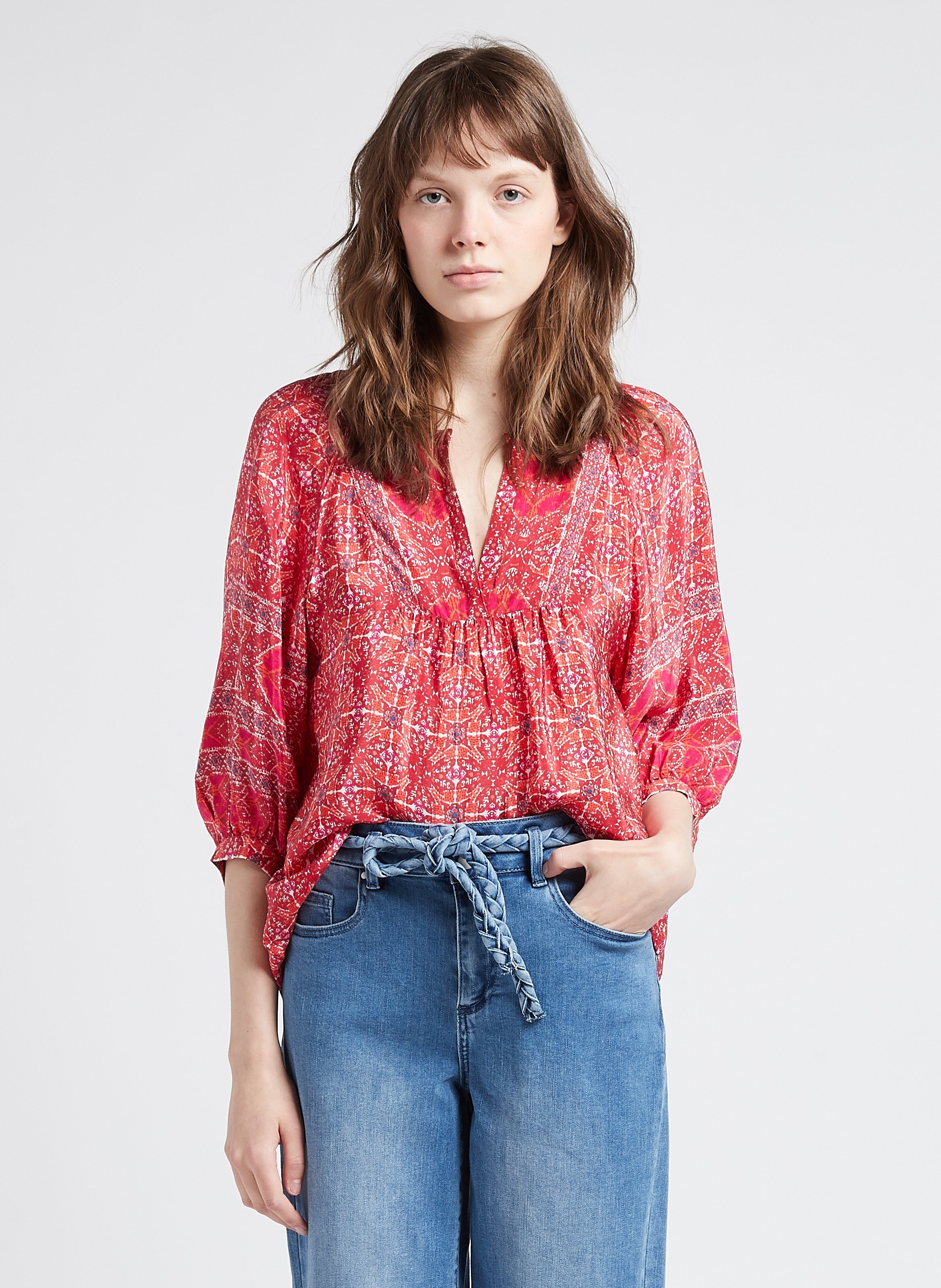 Ethnic Print Blouse With Henley Collar Corail Gerard Darel - Women | Place  des Tendances