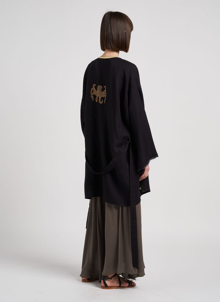 Embroidered V-neck Kimono Black Beliza - Women