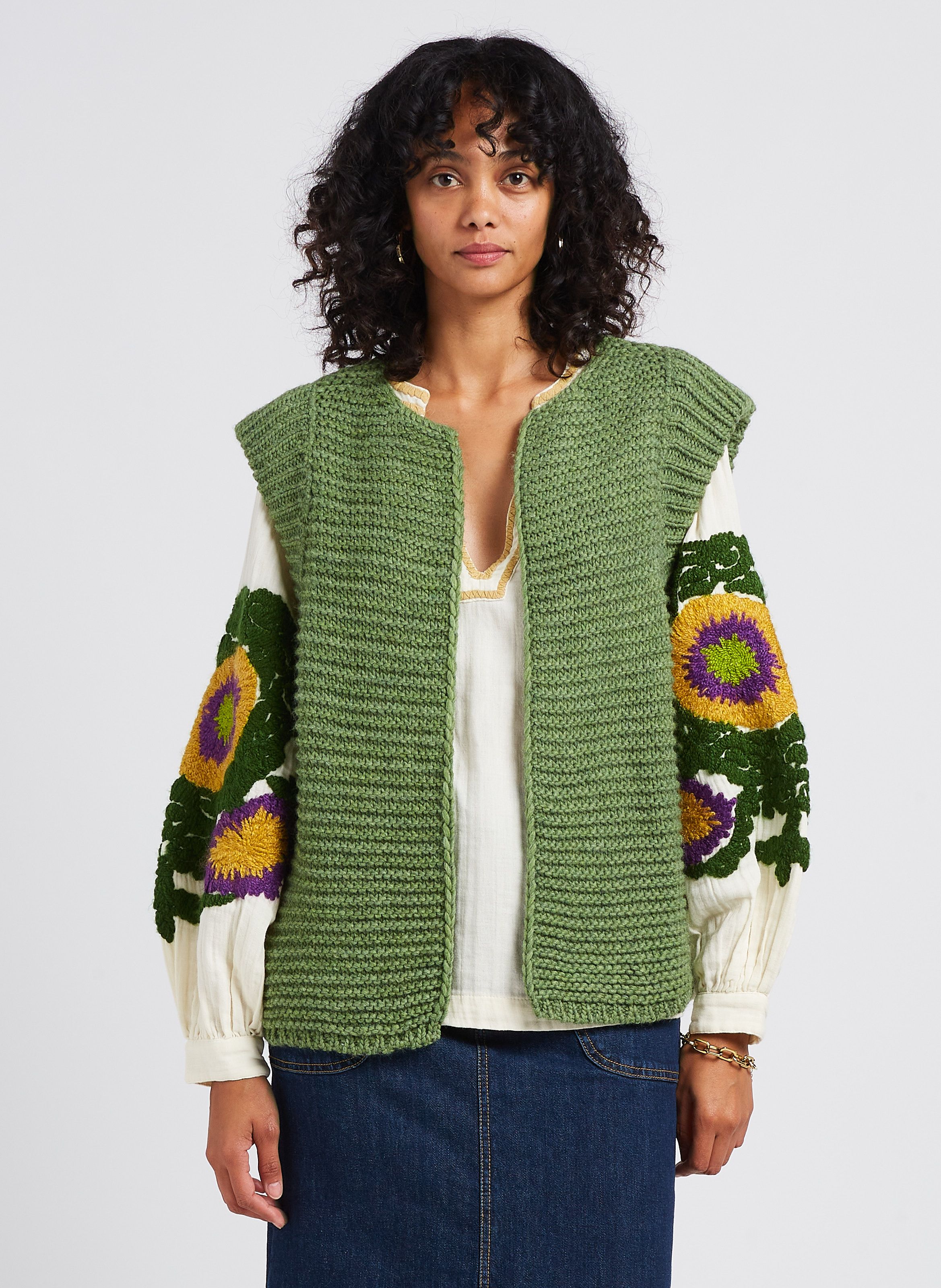 Round neck Straight cut Cardigan In Knitted Fabric Vert Stella