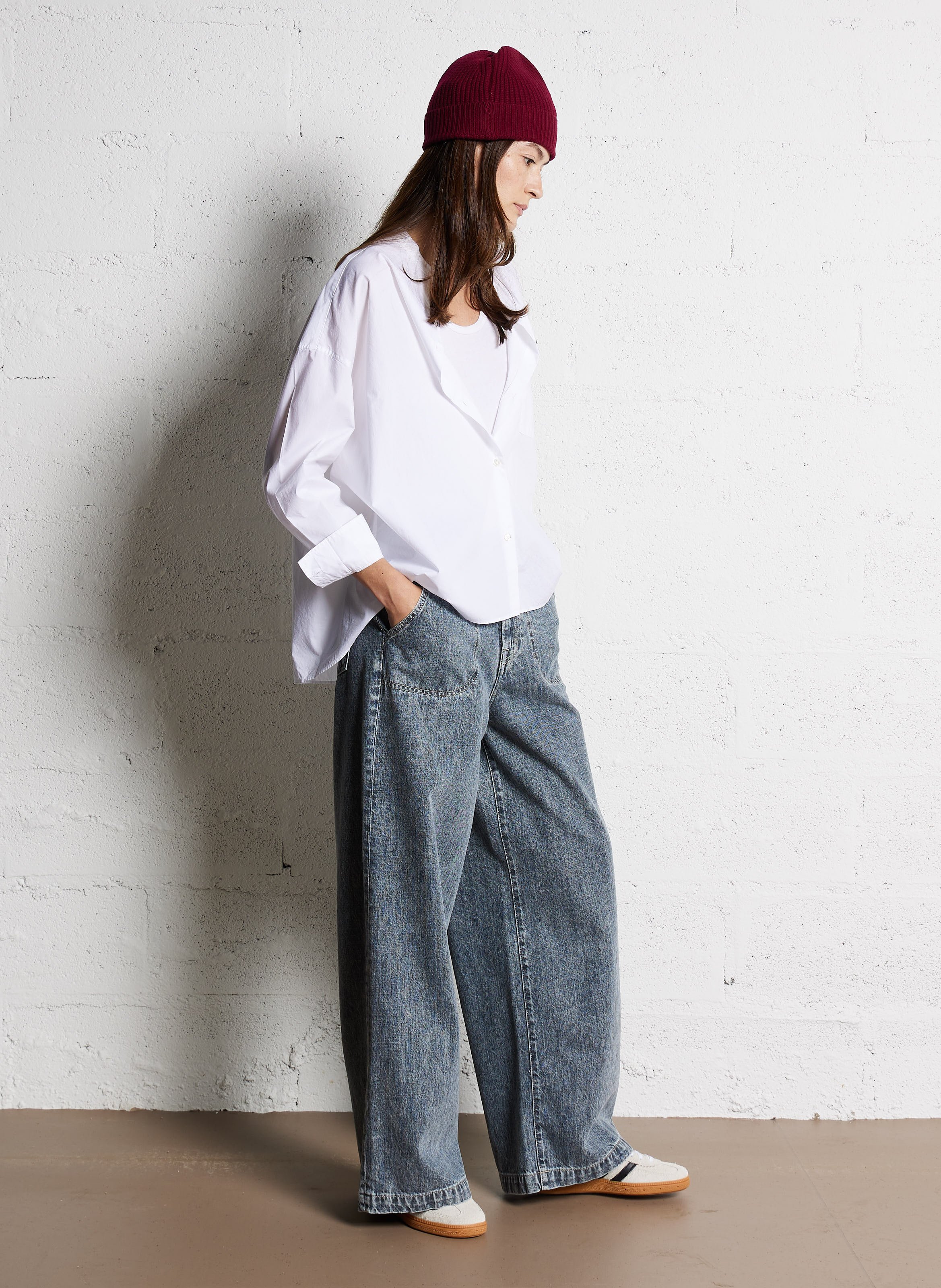 Chemise col rond ample en coton Blanc