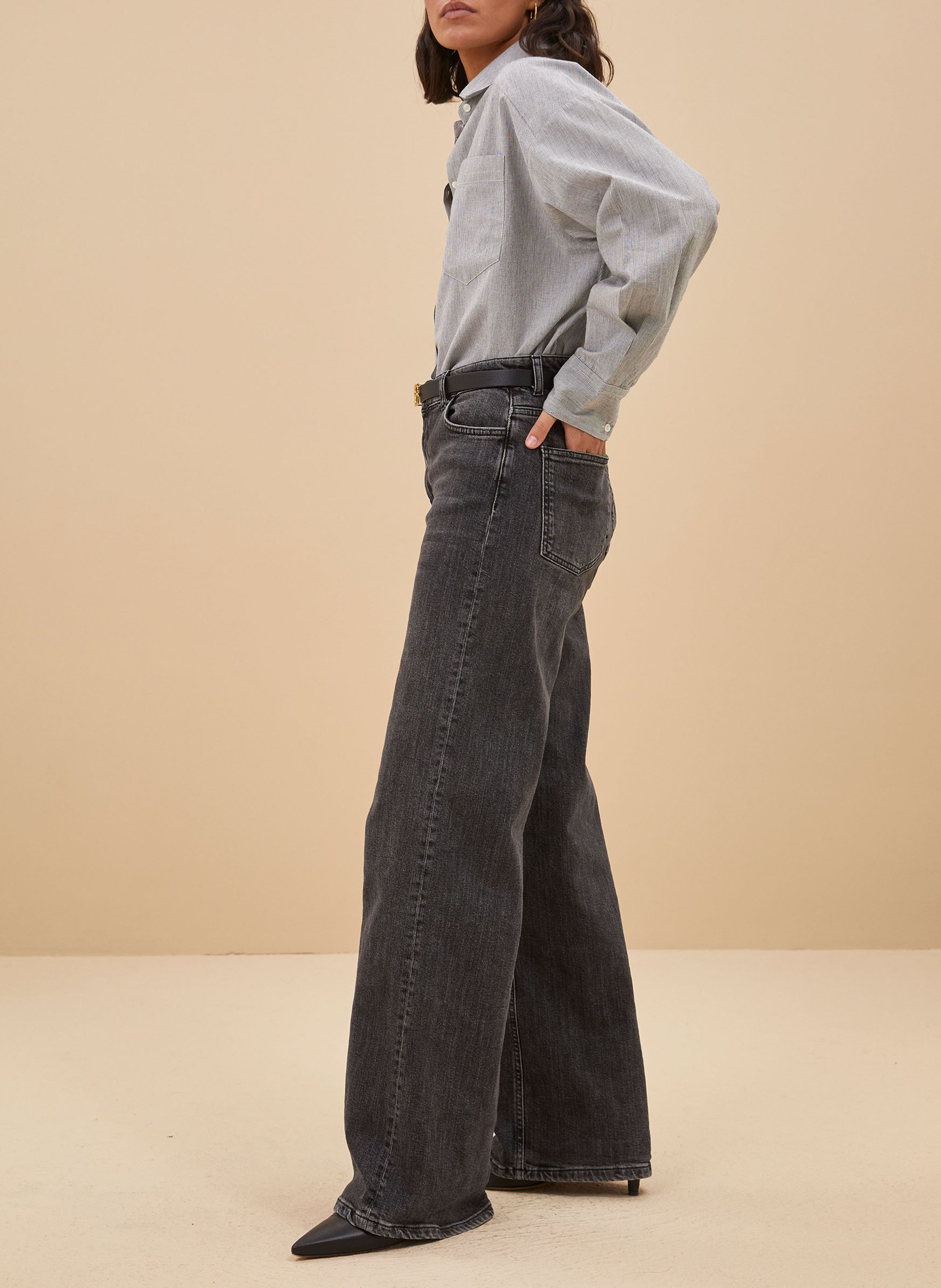 Jean large taille haute en coton bio BY BAR Gris